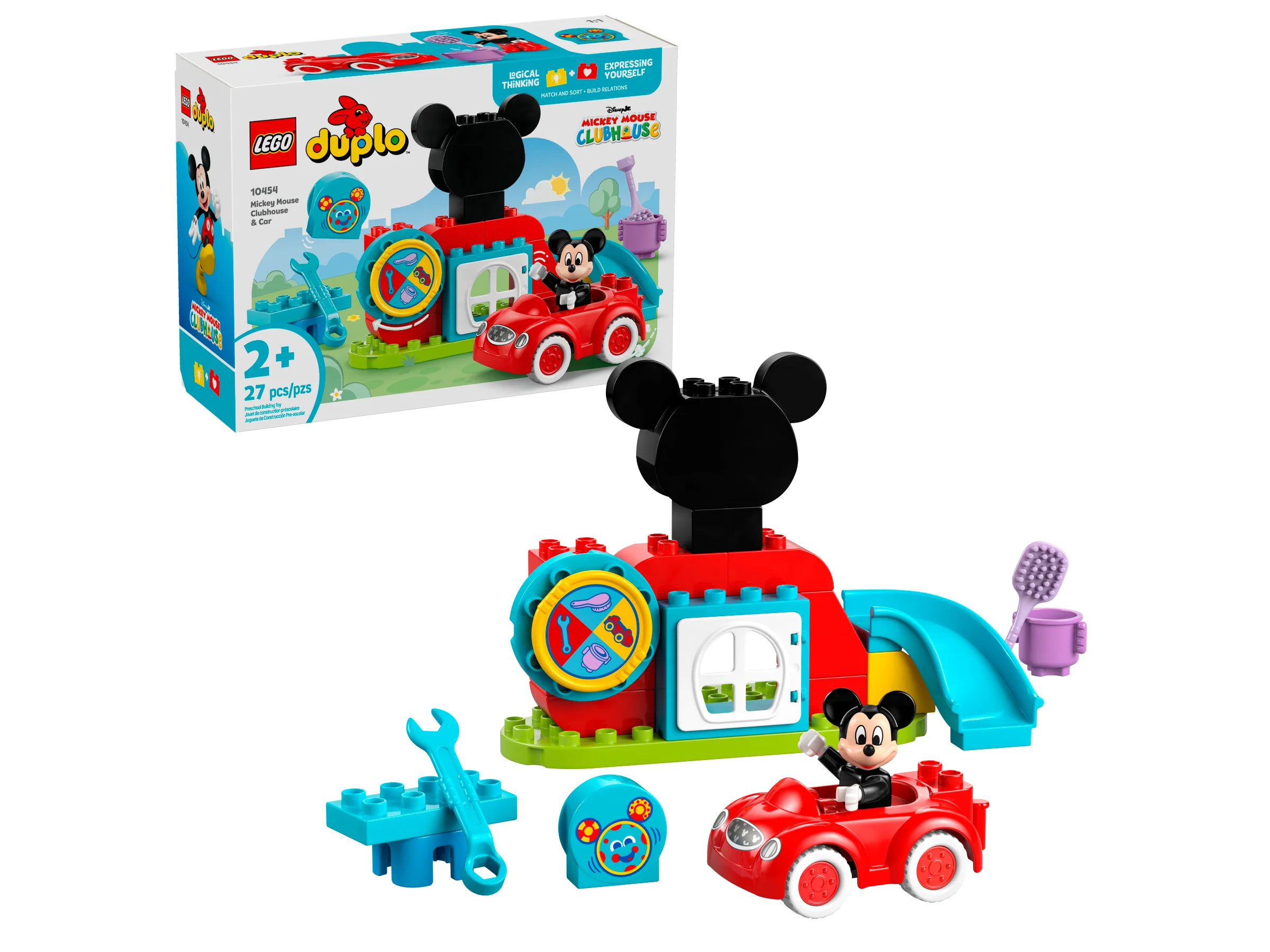 Imagine cu setul LEGO Duplo 10454 Mickey Mouse Clubhouse & Car. Include clubul lui Mickey și o mașină roșie.