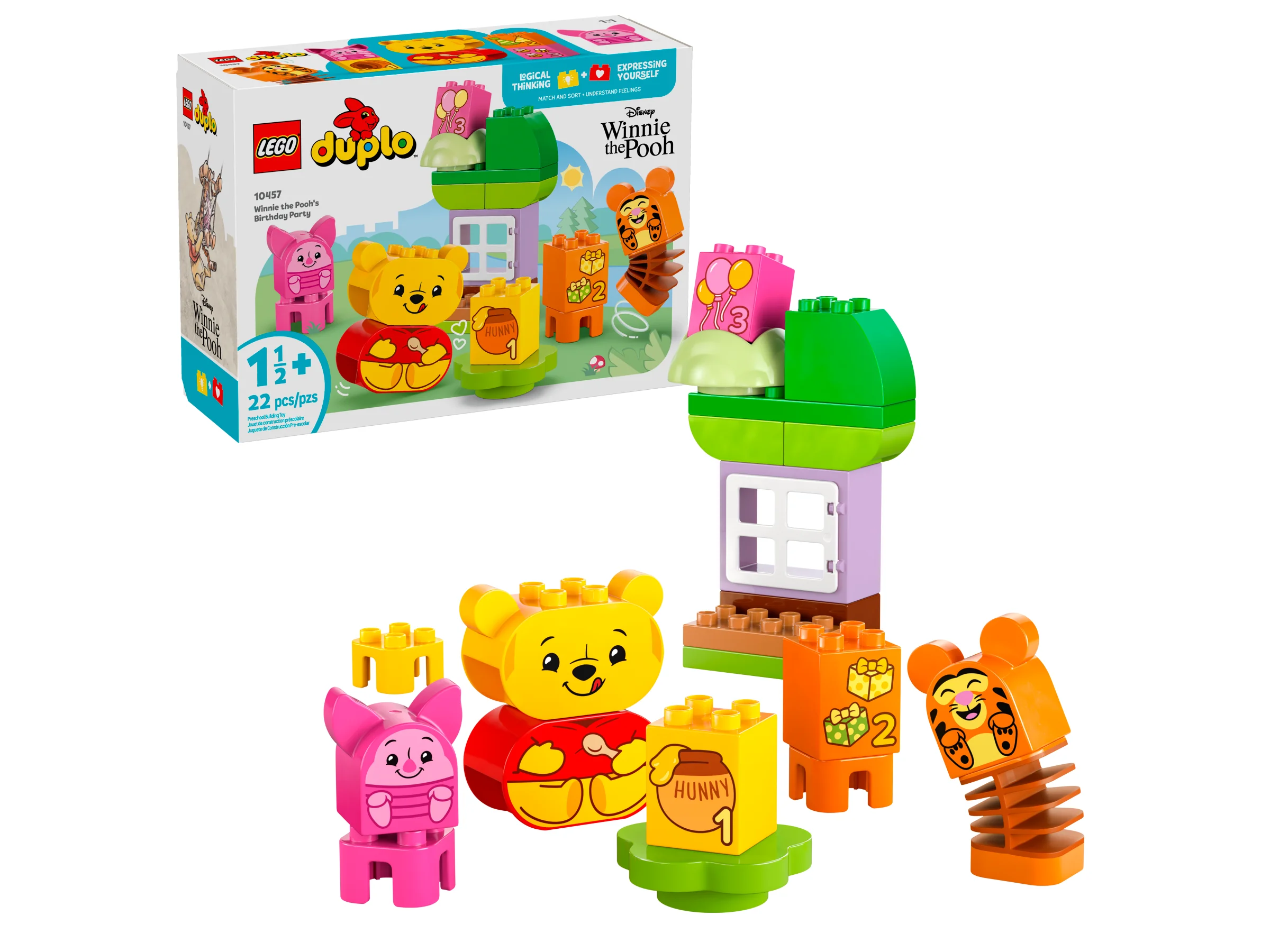 Imagine cu setul LEGO Duplo 10457, „Petrecerea de ziua lui Winnie the Pooh”, ce include figurine și căsuța construibilă.