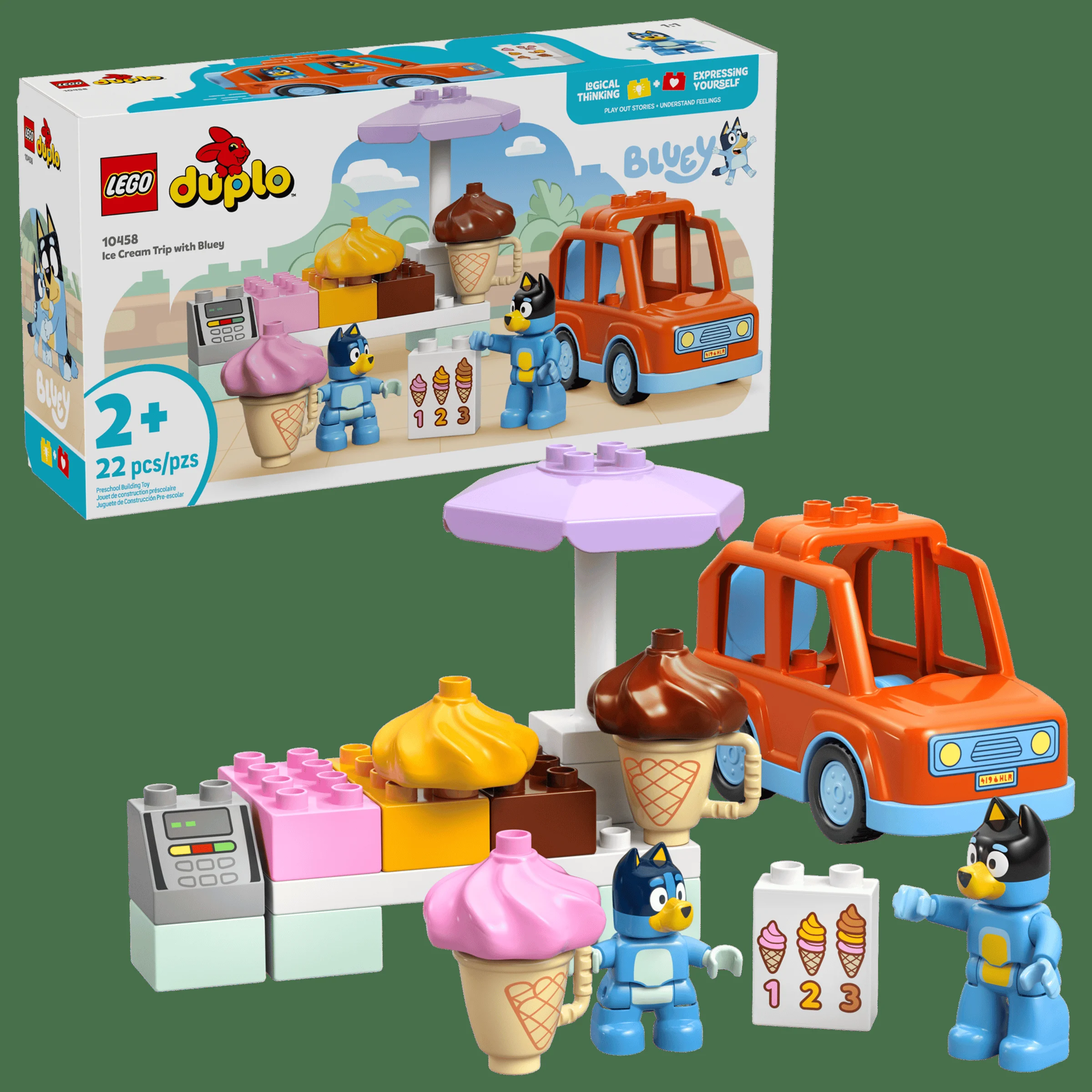 Setul LEGO Duplo 10458, Călătorie la înghețată cu Bluey: include cutia, van și figurinele Bluey.