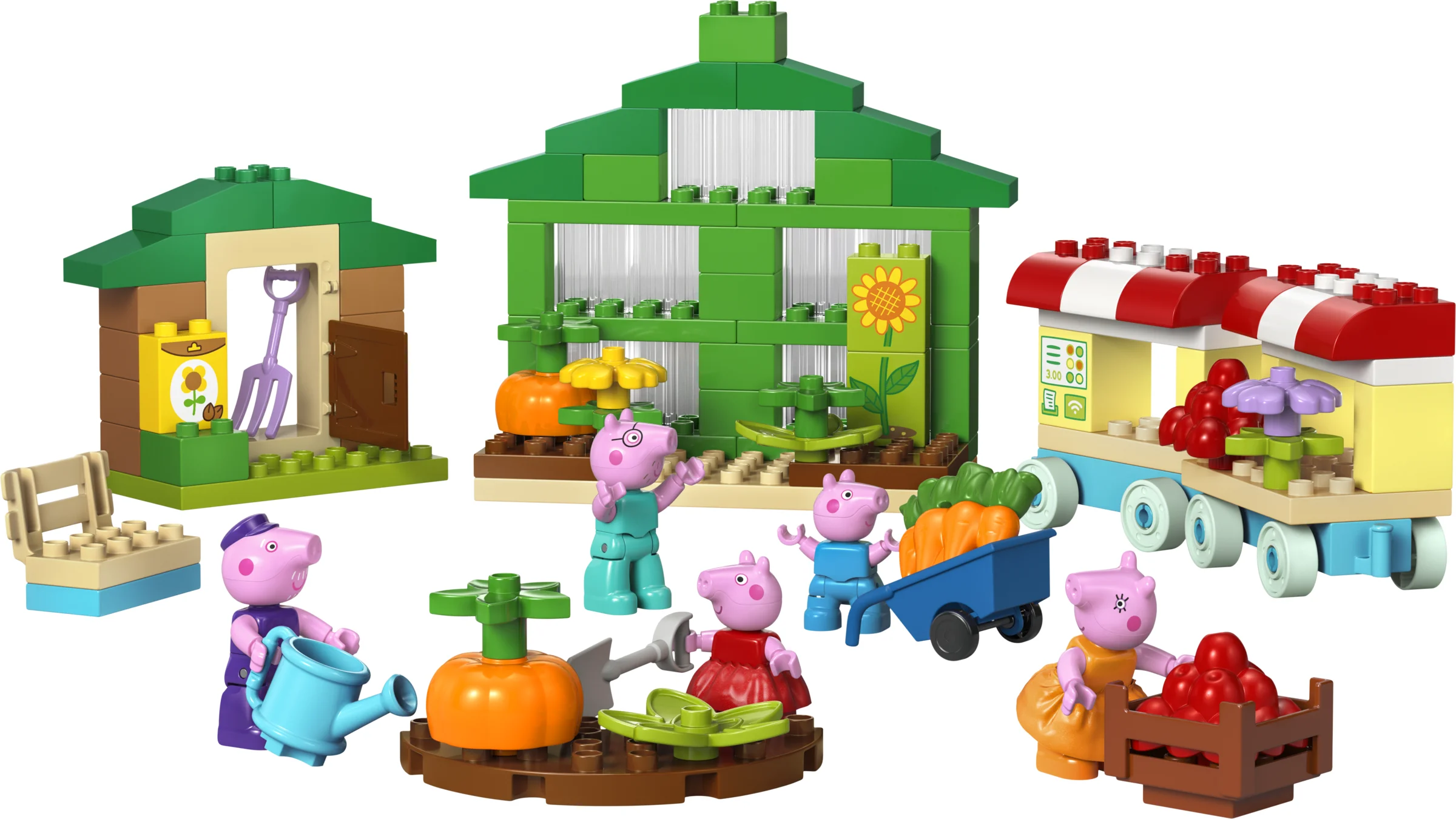 Imagine cu setul LEGO Duplo 10461, Grădina și sera lui Bunicul Porc, cu minifigurinele și clădirile asamblate.