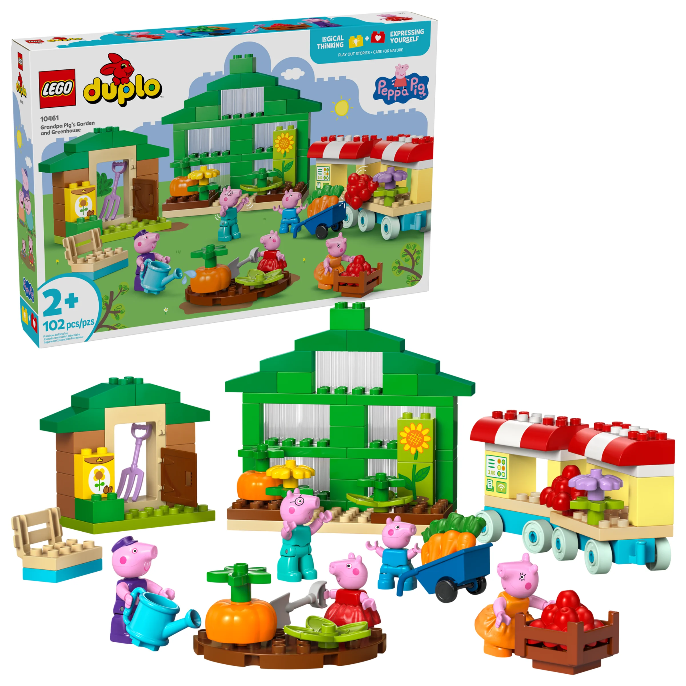 Imagine cu setul LEGO Duplo 10461 Grădina și Sera lui Bunicul Purcel. Conține cutia și modelul construit.
