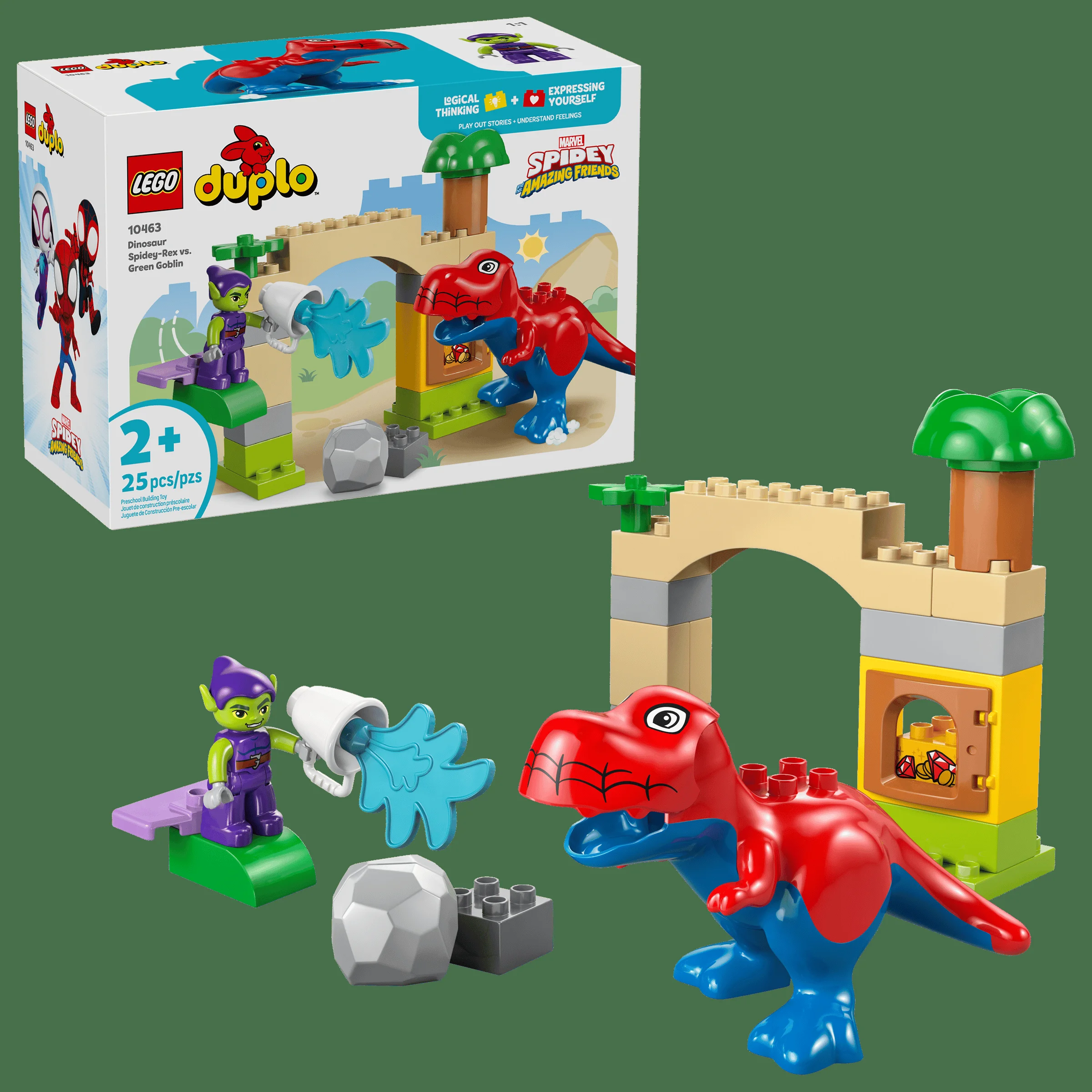 Imagine cu setul LEGO Duplo 10463, Spidey-Rex vs. Green Goblin, inclusiv cutia și modelul construit.