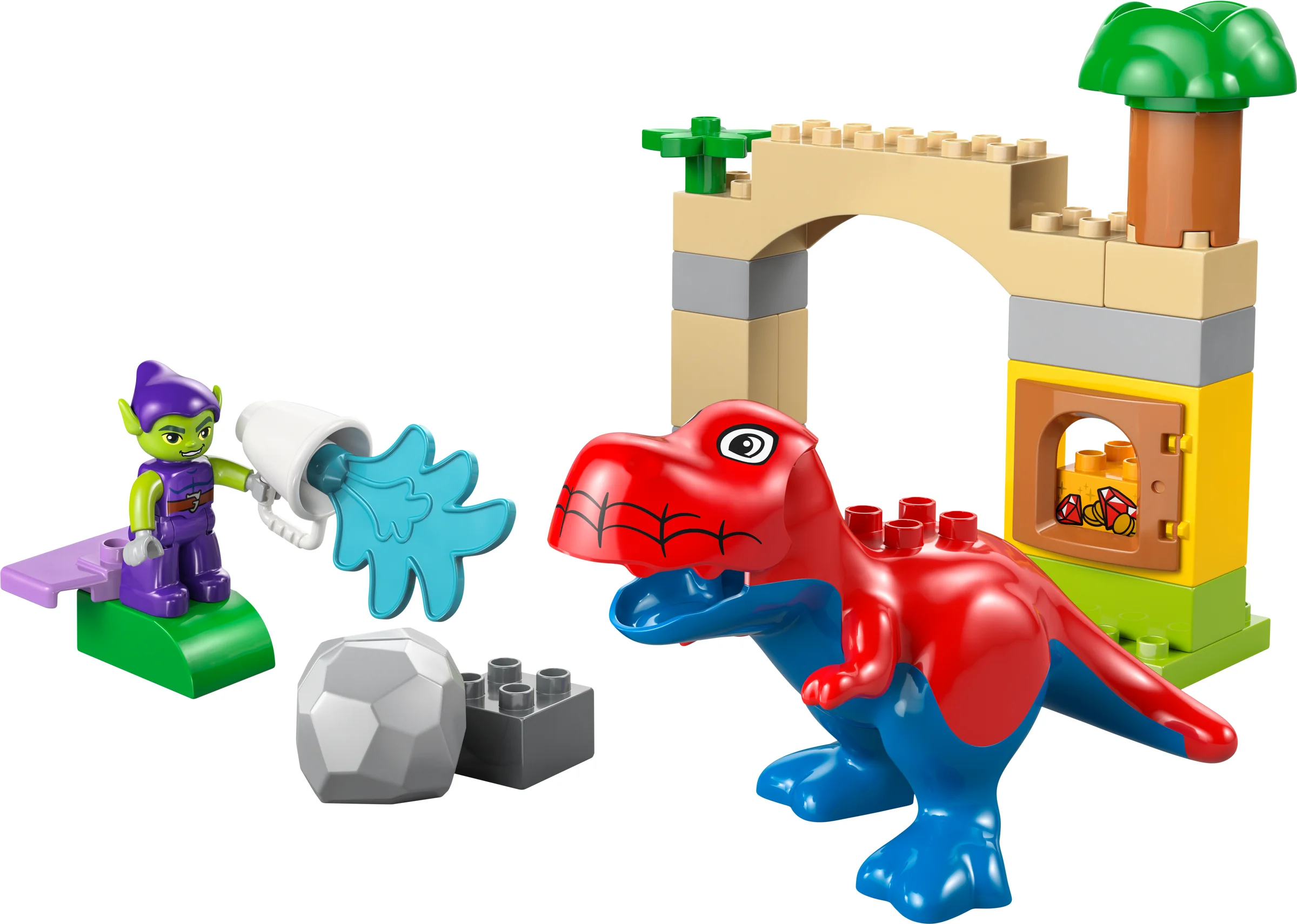 Imagine cu Spidey-Rex și Green Goblin, jucării Duplo pentru copii. Arată un seif și elemente de construcție.