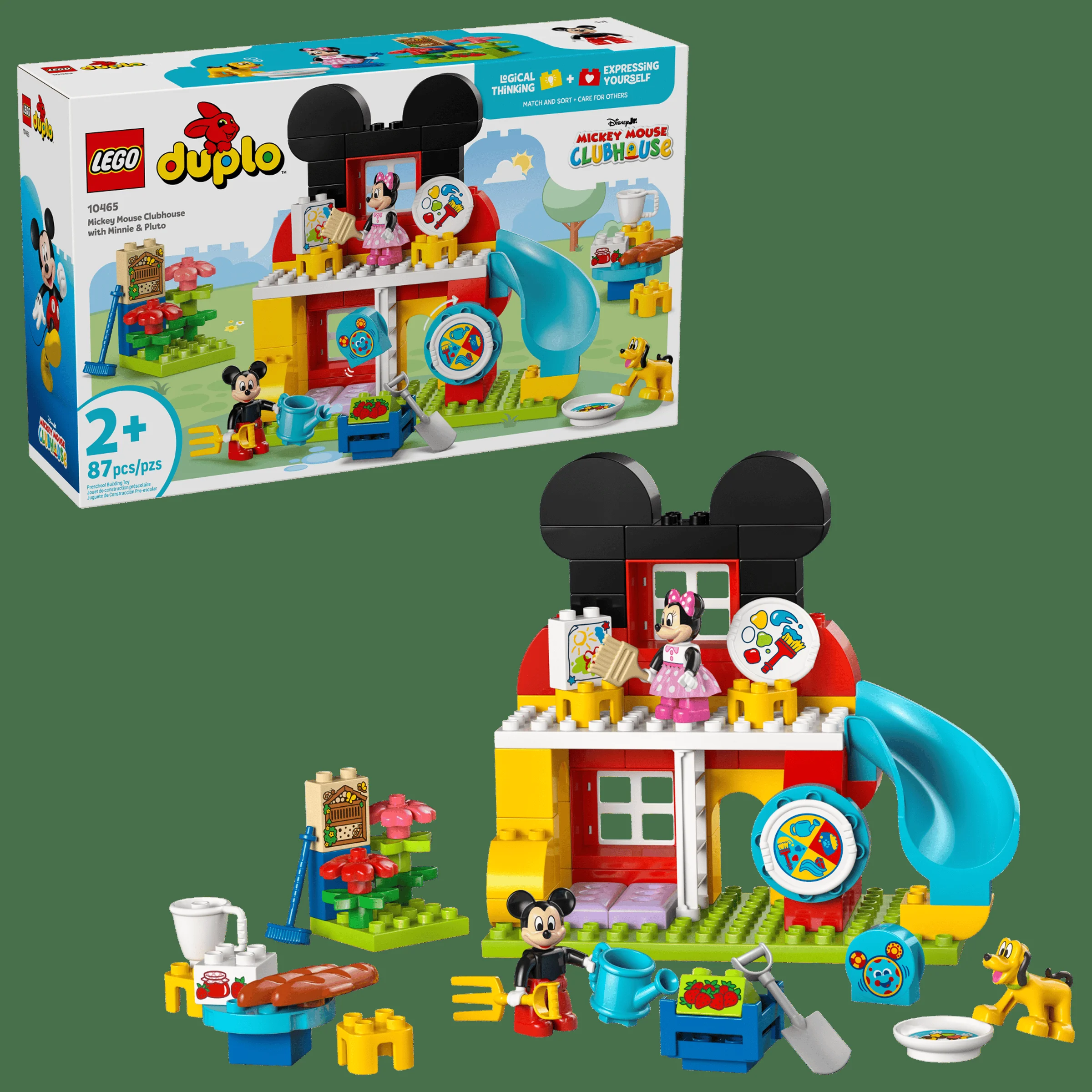 Imagine cu cutia și modelul asamblat LEGO Duplo 10465, cu Mickey, Minnie și Pluto.