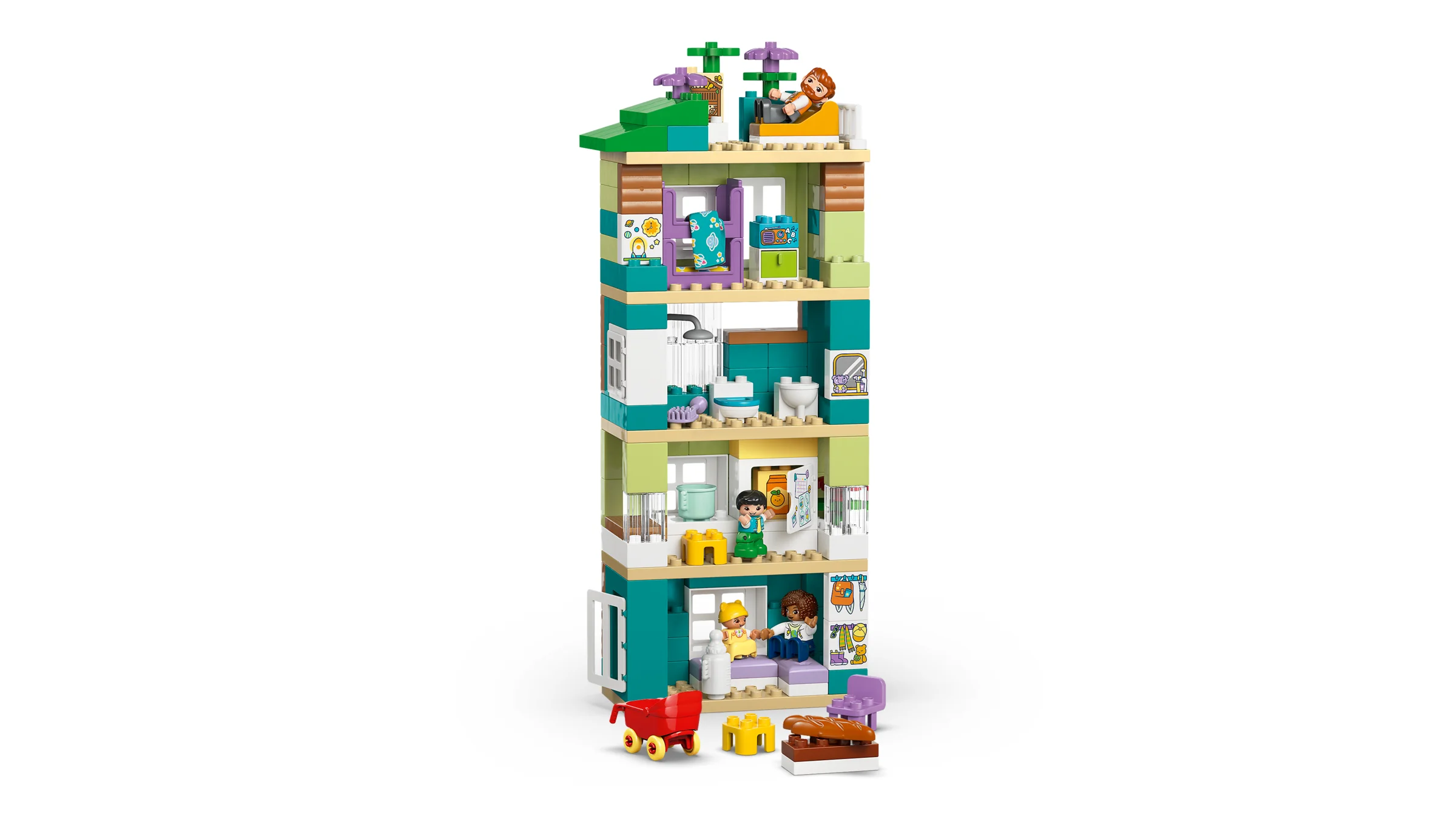 Imagine cu casa modernă Duplo, cu minifigurinele familiei și detaliile interioare vizibile.