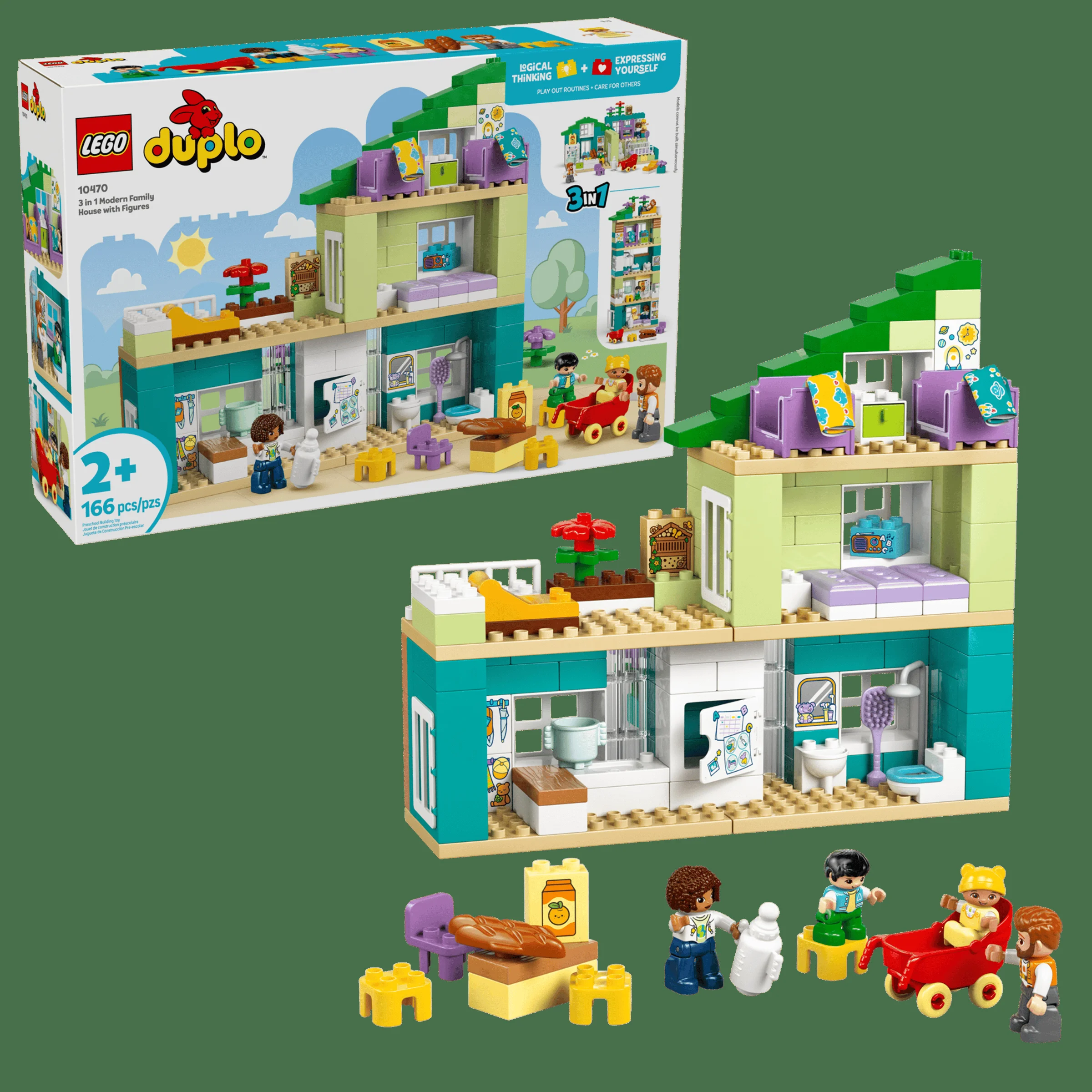 Imagine cu setul LEGO Duplo 10470, o casă modernă cu minifigurine, prezentată și pe cutie. Ideală pentru copiii mici.