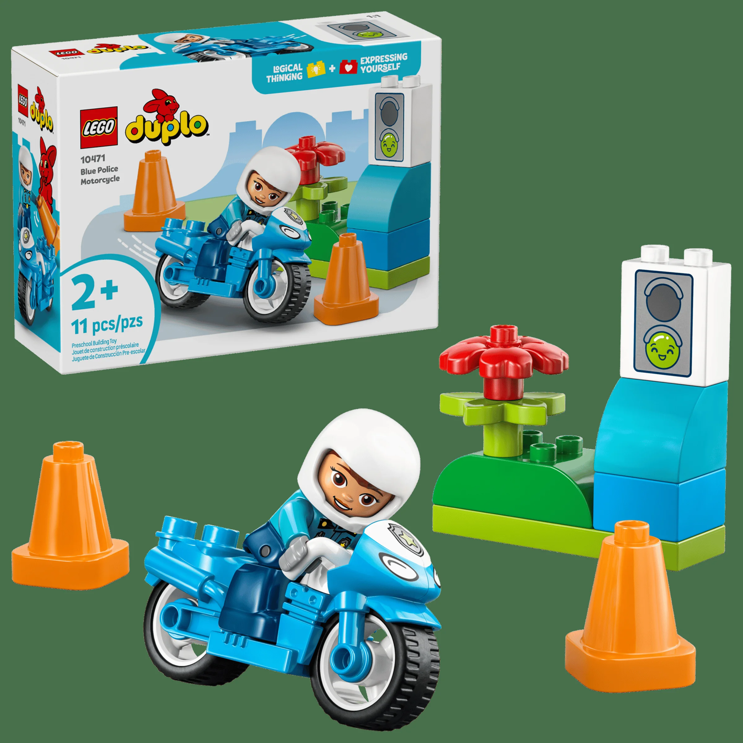 Imagine cu motocicleta albastră de poliție Duplo 10471, cutia produsului și elemente construite separat.