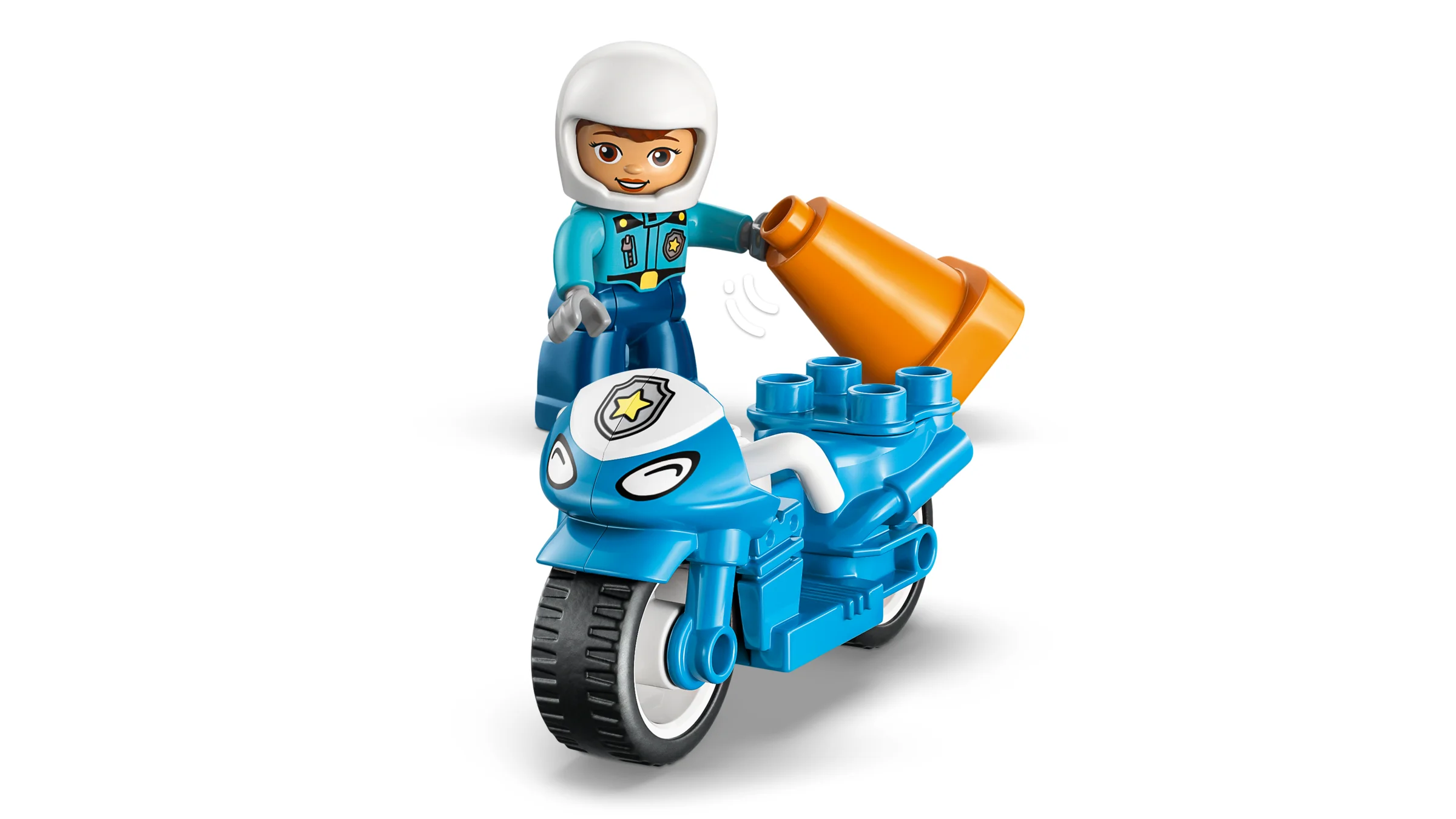 Motocicleta albastră de poliție Duplo cu minifigurină polițistă și con portocaliu. Jucărie sigură pentru copii.