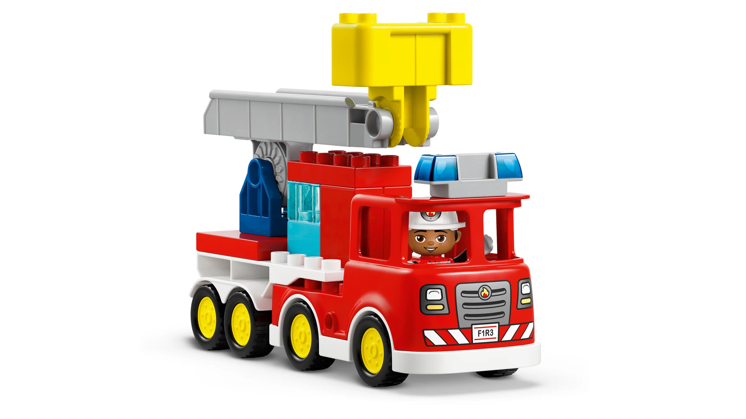 Imagine cu camionul de pompieri Duplo, cu furtun și pompier. Jucărie atractivă și colorată.