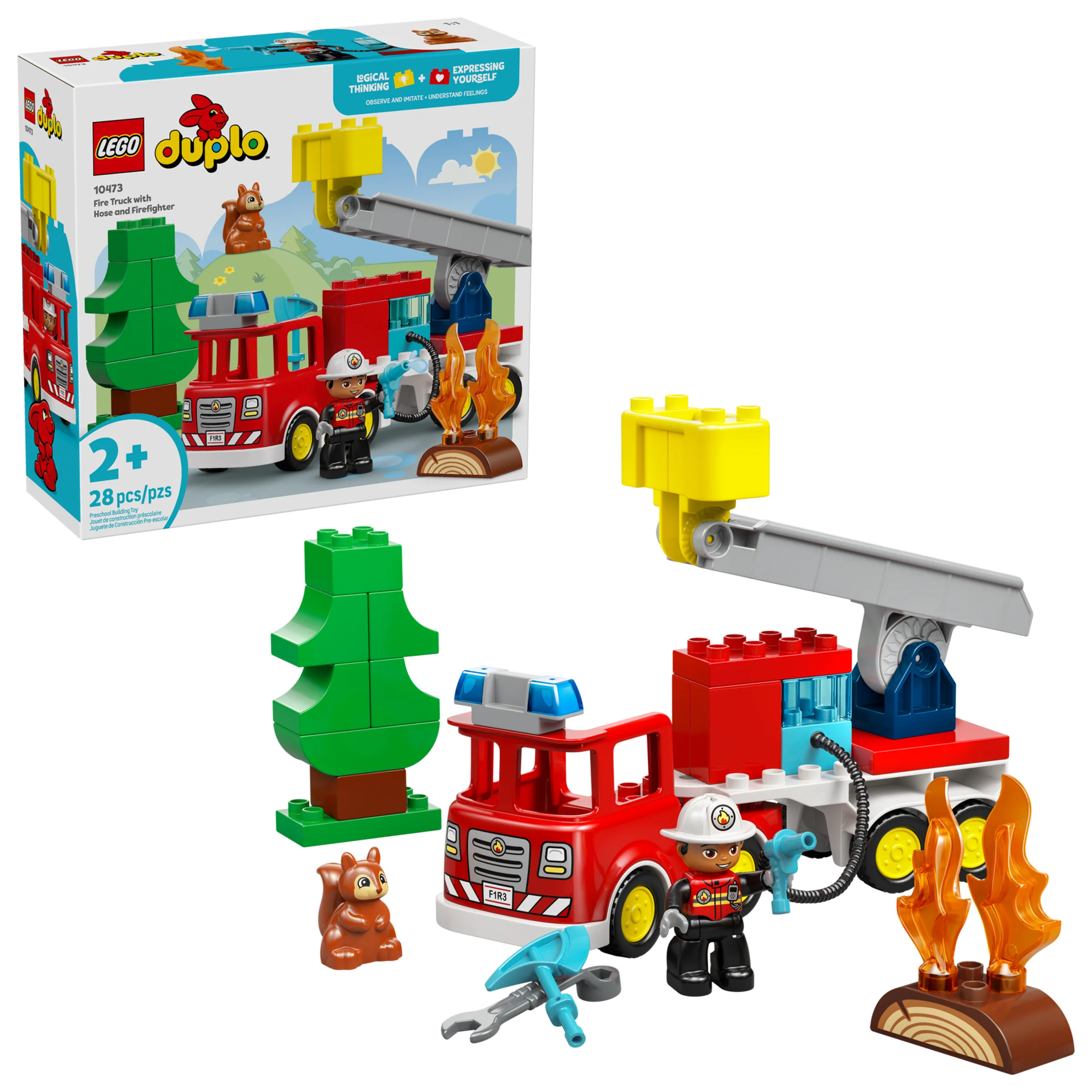 Imagine cu setul Duplo 10473: camion de pompieri cu furtun și pompier, plus accesorii și cutia.
