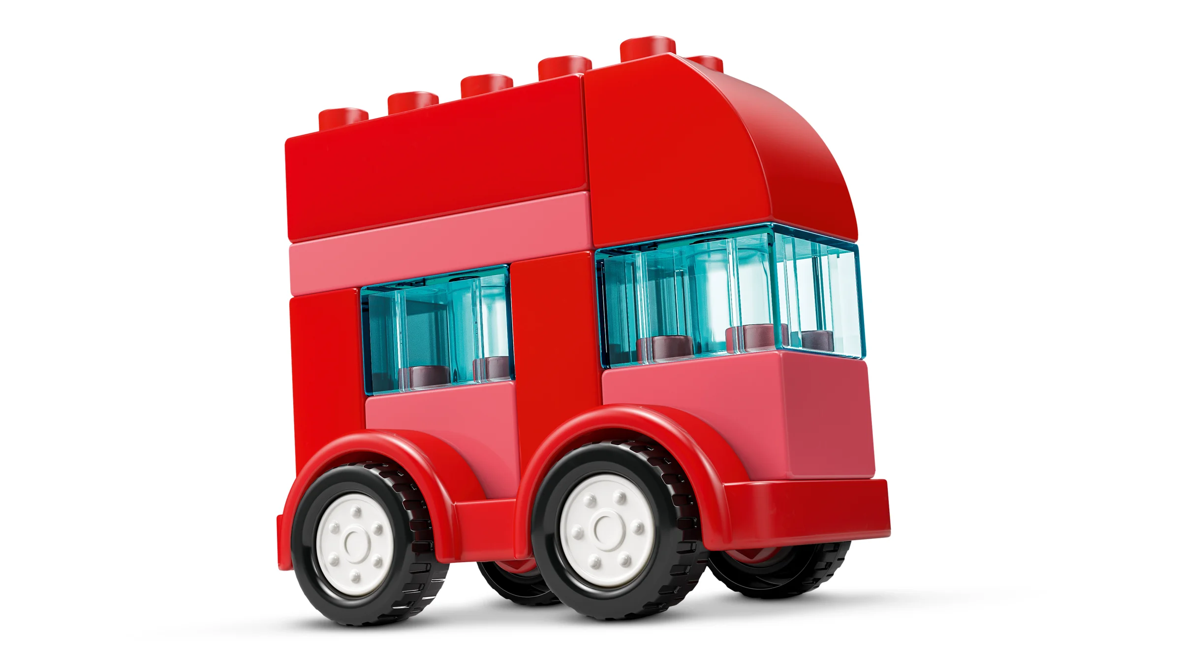 Autobuz Duplo roșu cu două etaje, construit din cărămizi mari, ideal pentru joacă creativă.