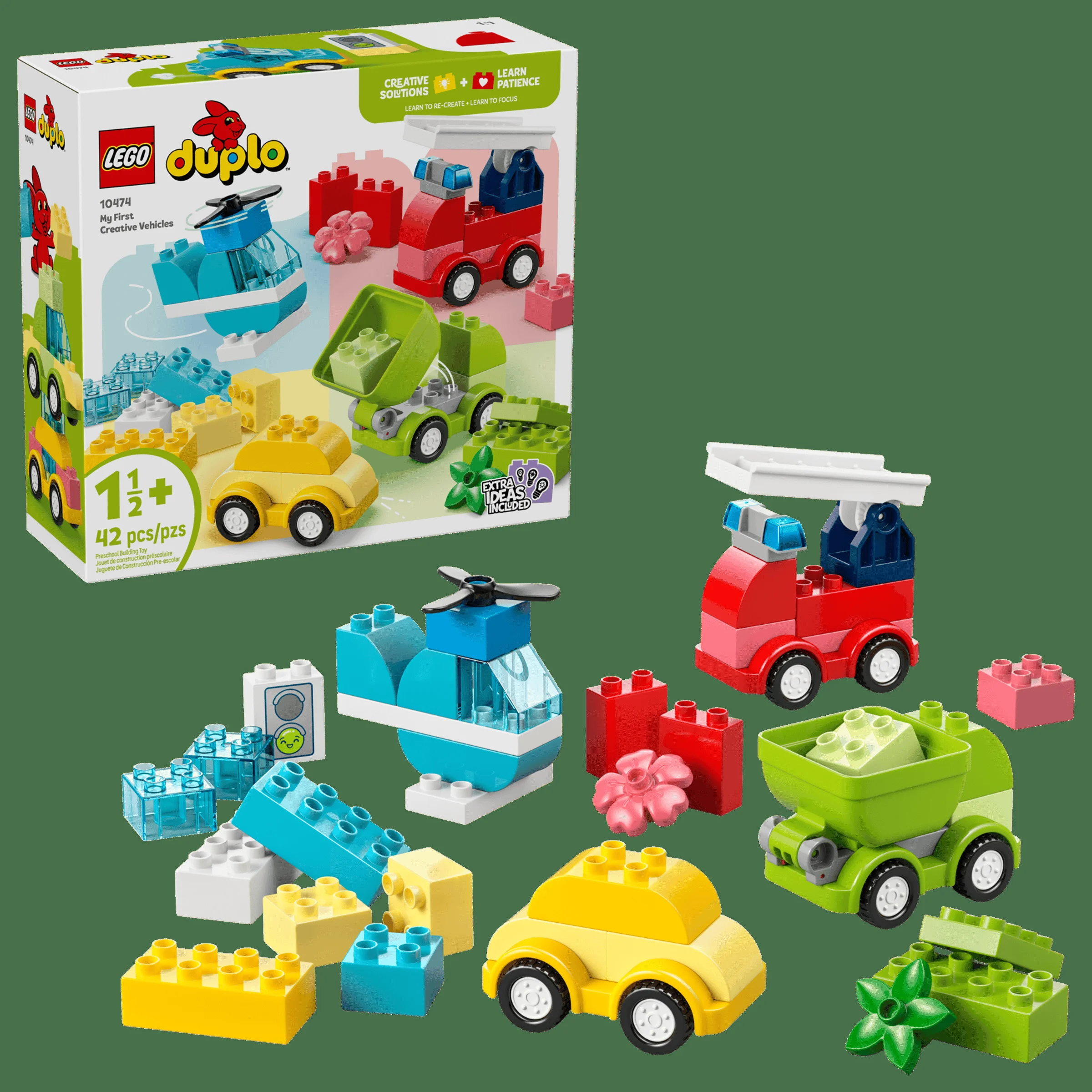 Imagine cu cutia setului LEGO Duplo 10474 și modelele asamblate: o mașină galbenă, un elicopter, o autobasculantă și o mașină de pompieri.