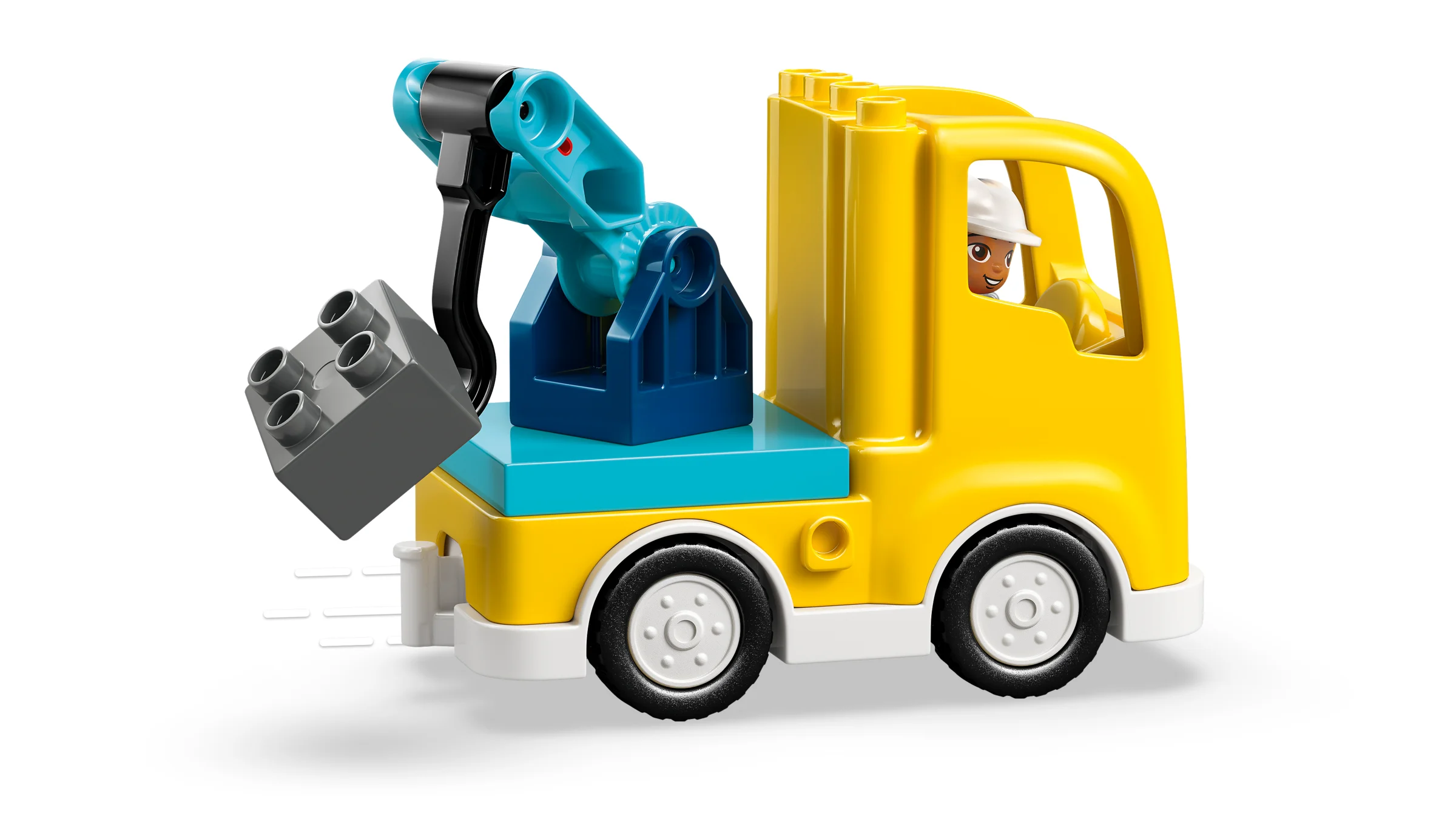 Camion galben Duplo cu braț mobil albastru, ridicând o cărămidă gri. Șoferul poartă cască.