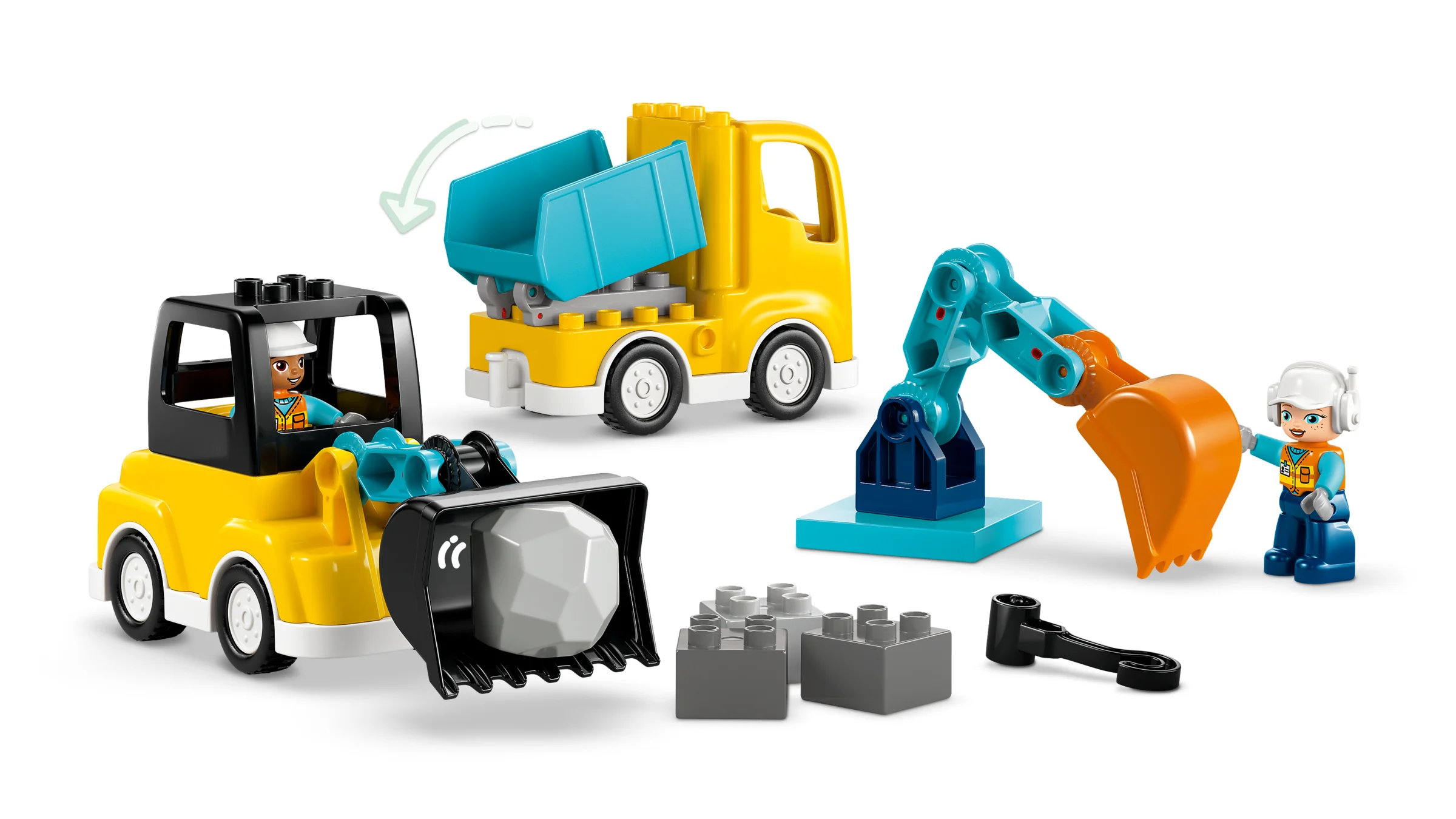 Setul Duplo 3 în 1 cu vehicule de construcții: buldozer, basculantă și excavator.