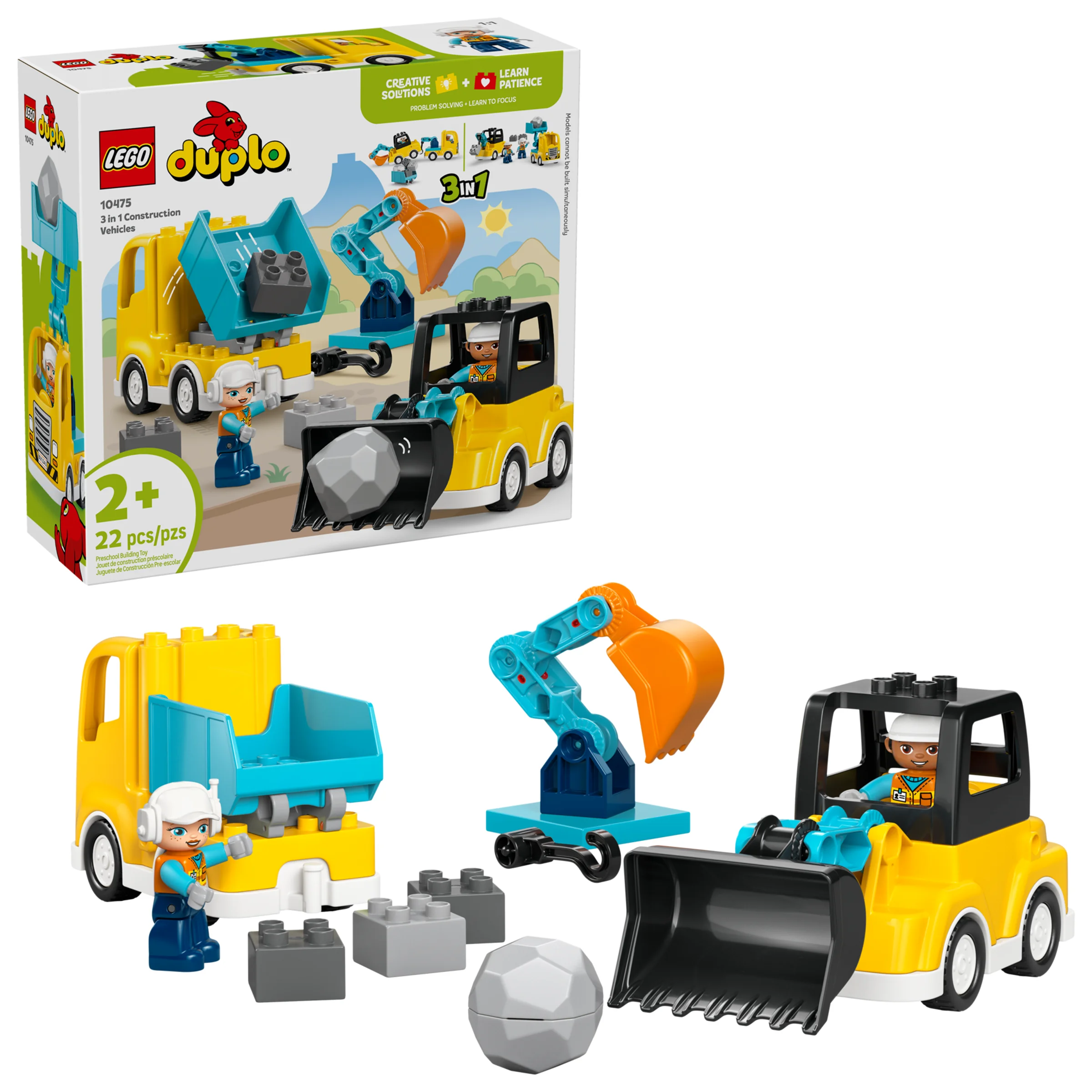 Imagine cu setul LEGO Duplo 10475, vehicule de construcții 3 în 1 și cutia acestuia.