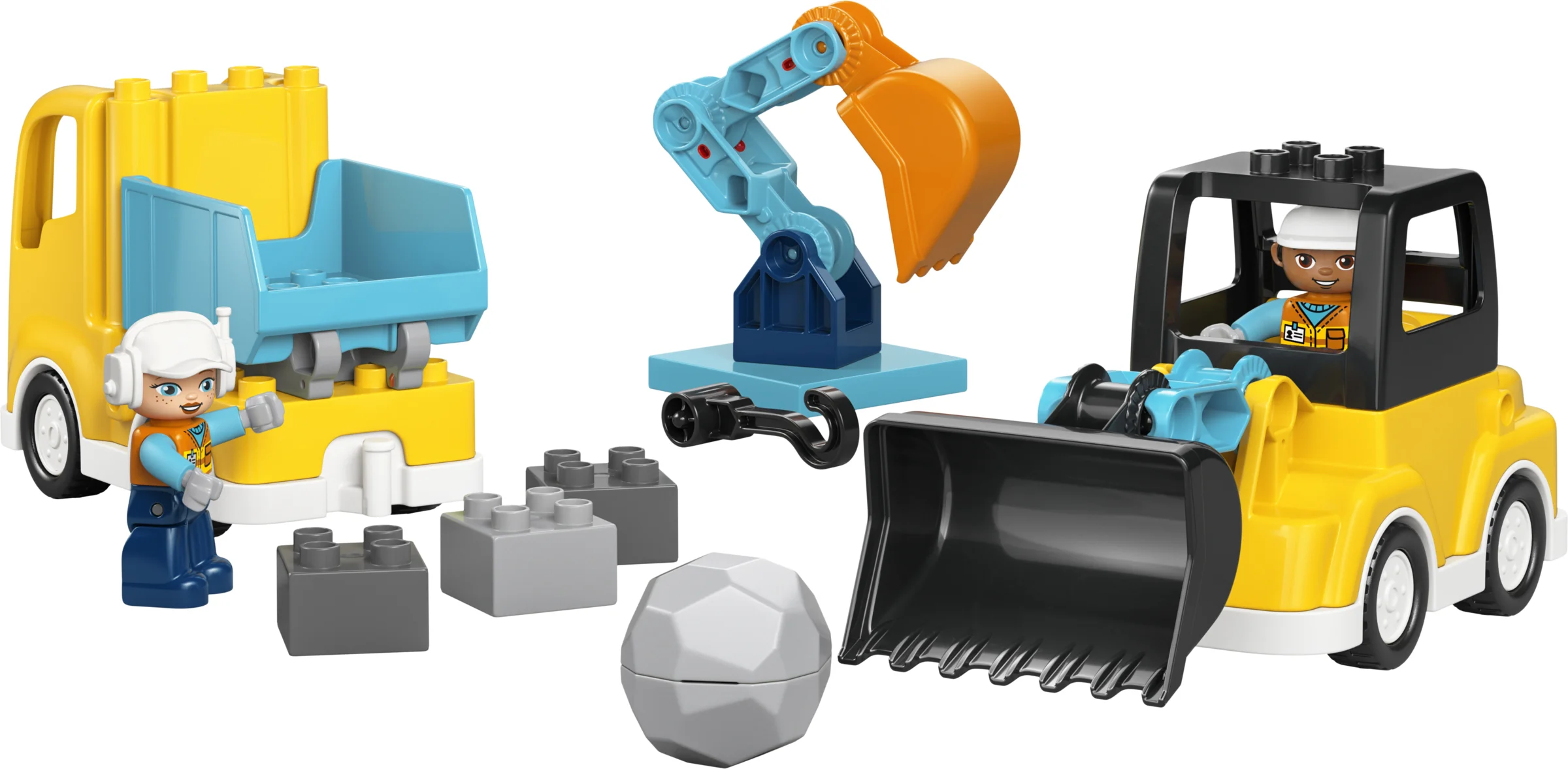 Imagine cu vehiculele de construcție Duplo 3-în-1: camion, excavator și macara.