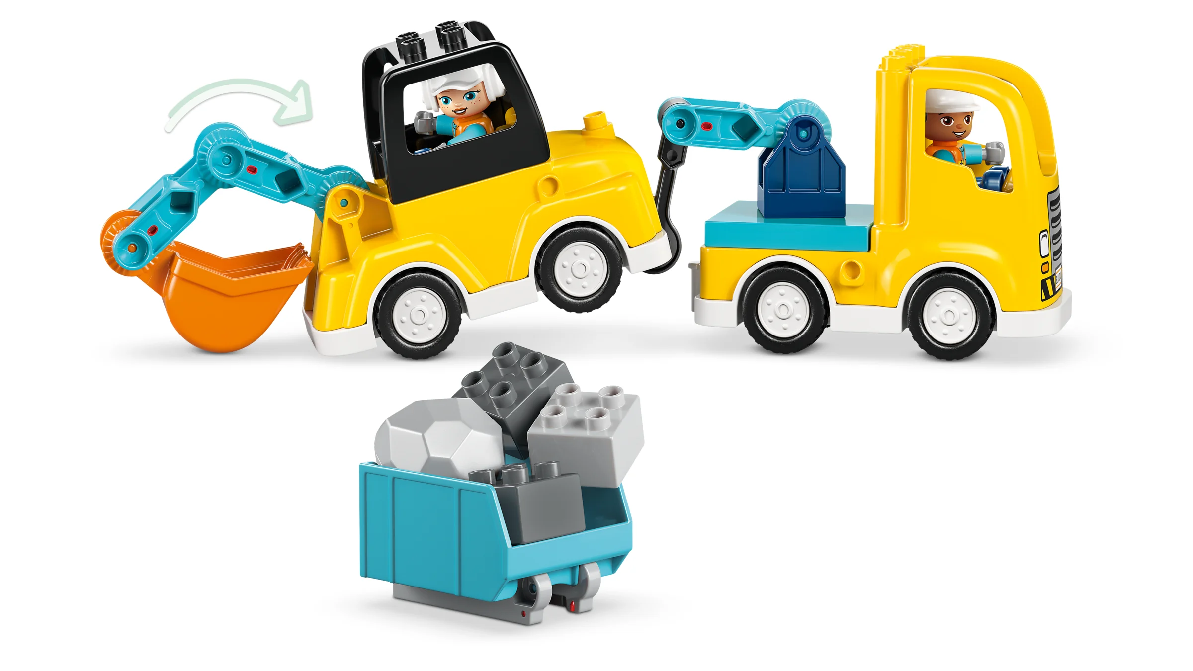 Imagine cu vehiculele de construcție Duplo 3 în 1: excavator, macara, camion. Joacă-te și construiește!