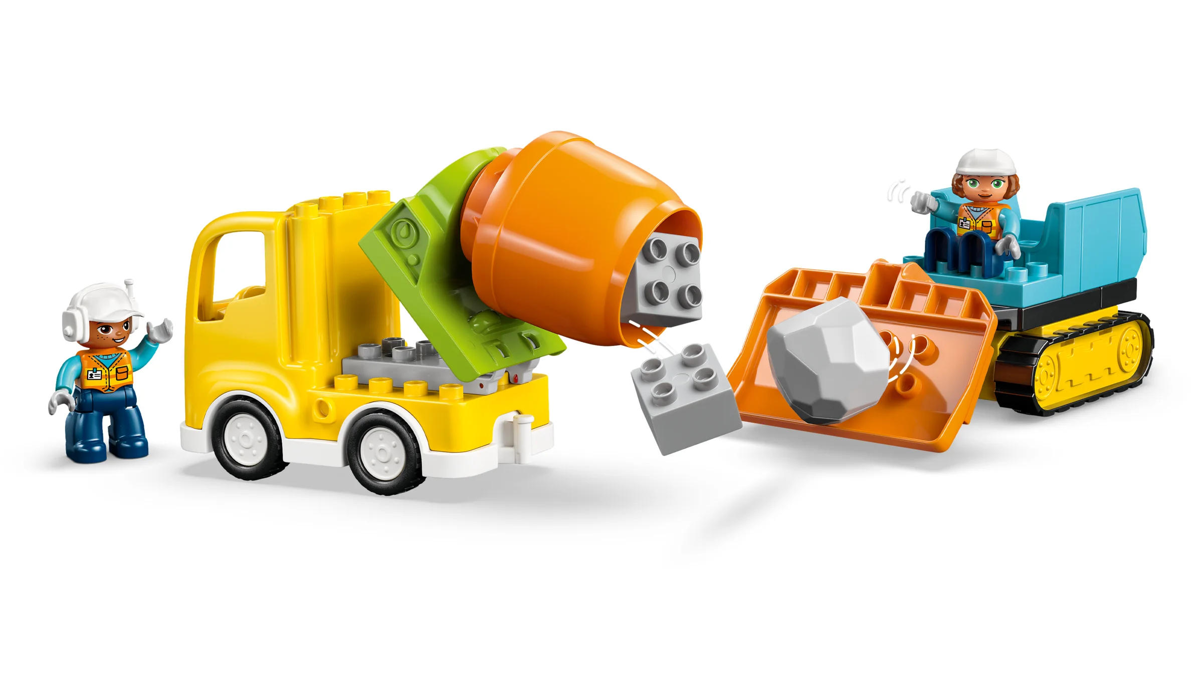 Excavator, camion și minifigurine pe un șantier Duplo. Copii pot învăța despre construcții.