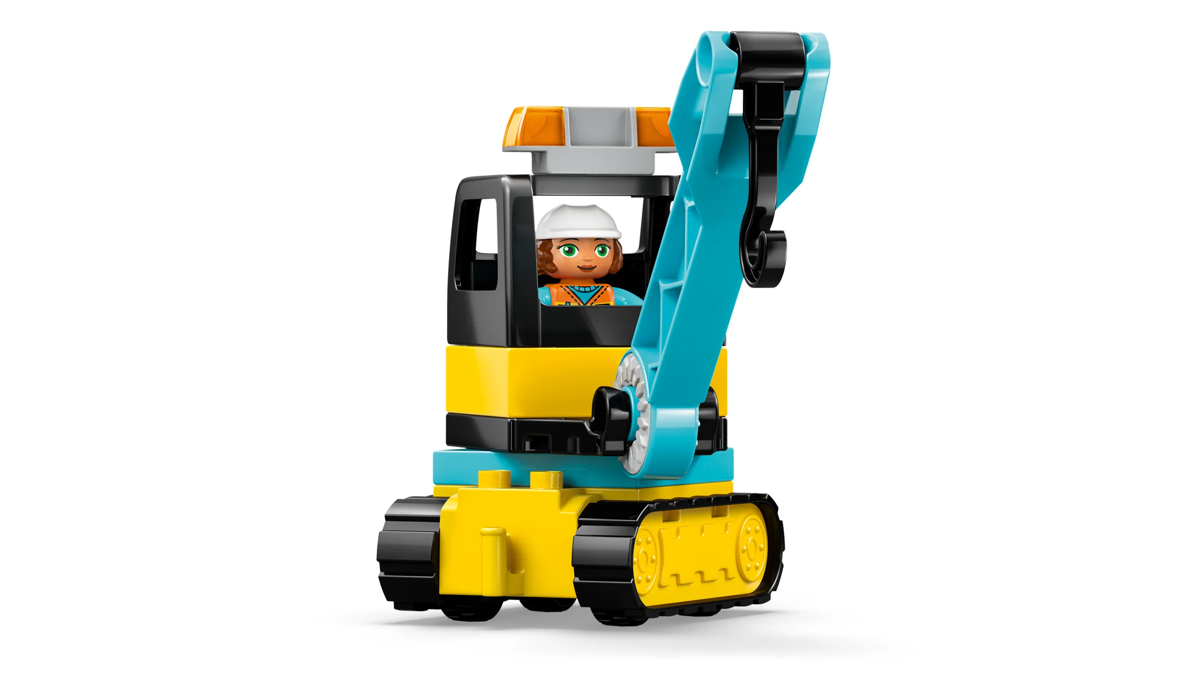 Excavator Duplo galben și albastru, cu macara mobilă și minifigurină constructor cu cască.