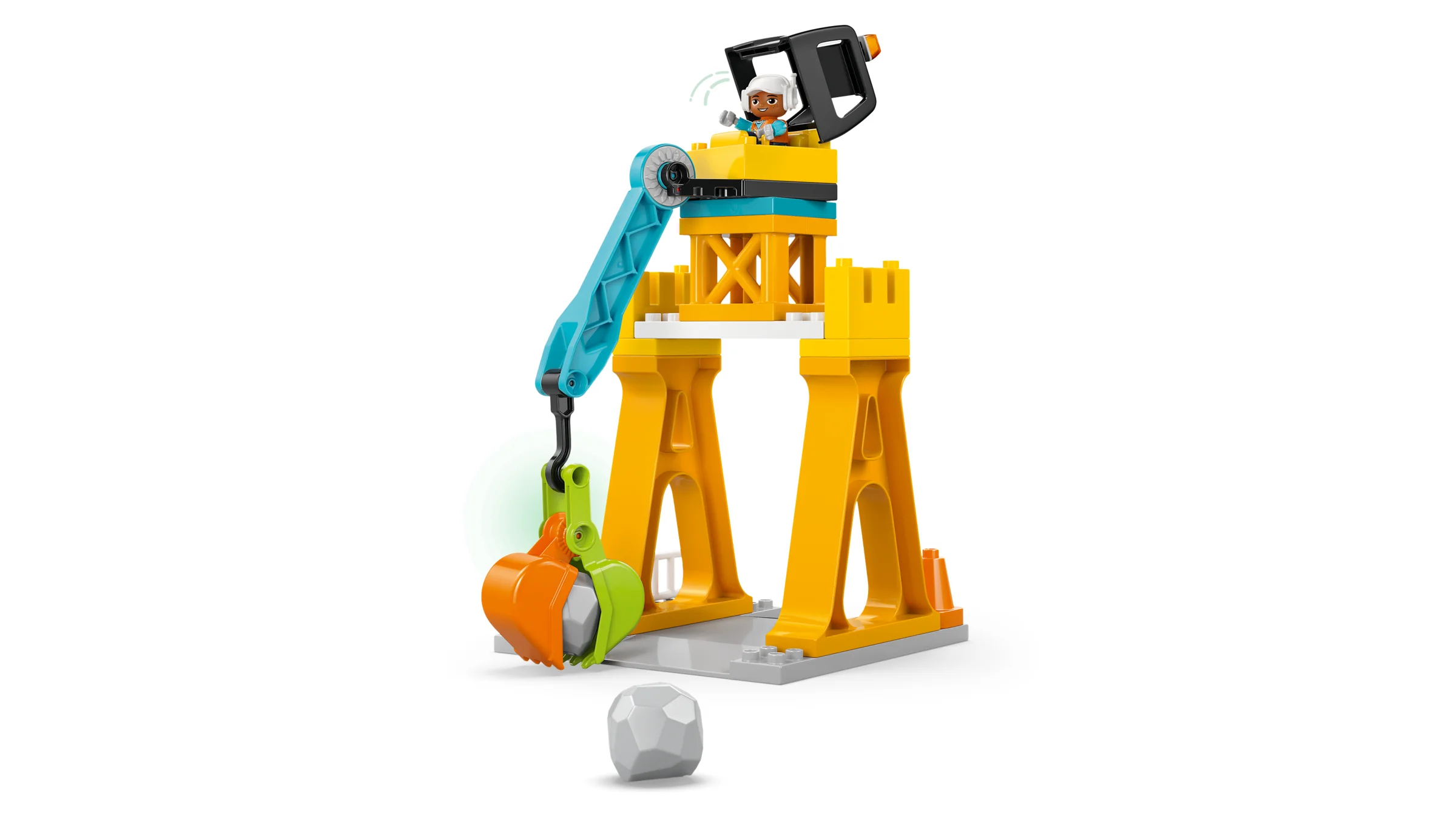 Macara Duplo robustă, cu figurină și elemente de construcție galbene și albastre.