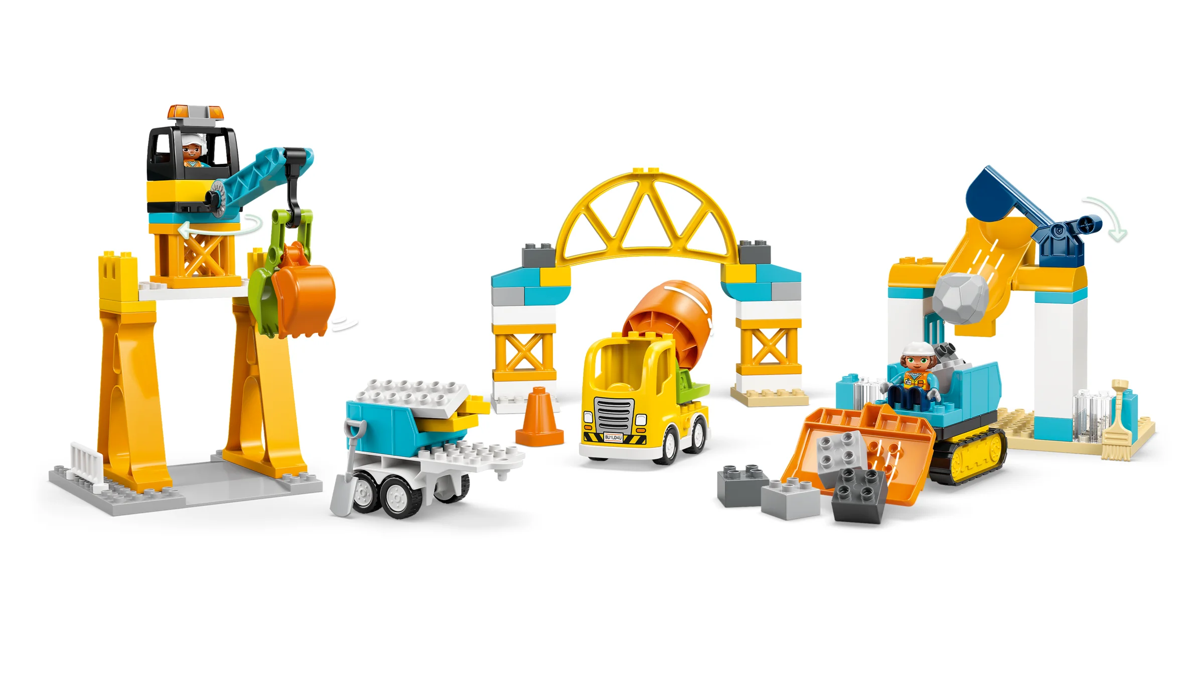 Prezentare a setului Duplo 10476, cu mașini și elemente de șantier colorate.
