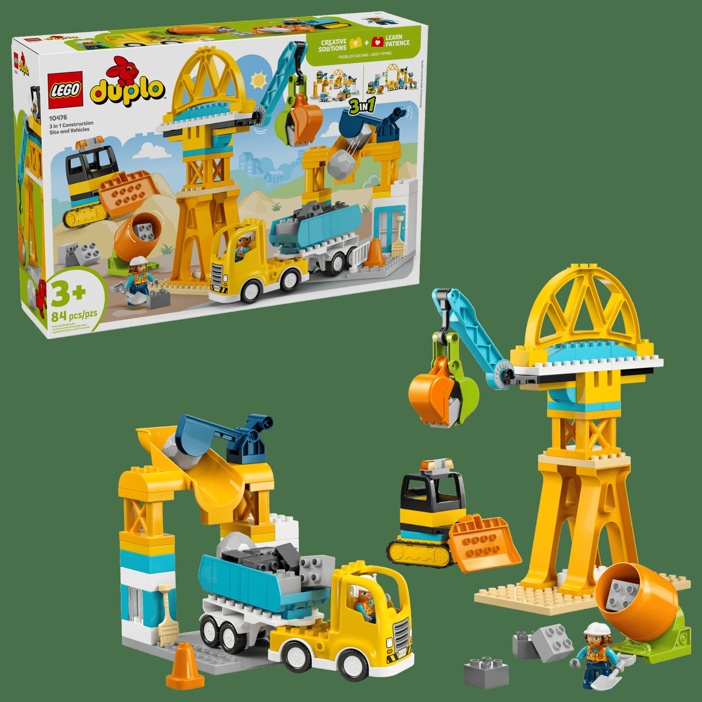 Imagine cu setul LEGO Duplo 10476, ce include o macara, camion și buldozer, plus o minifigurină de constructor.