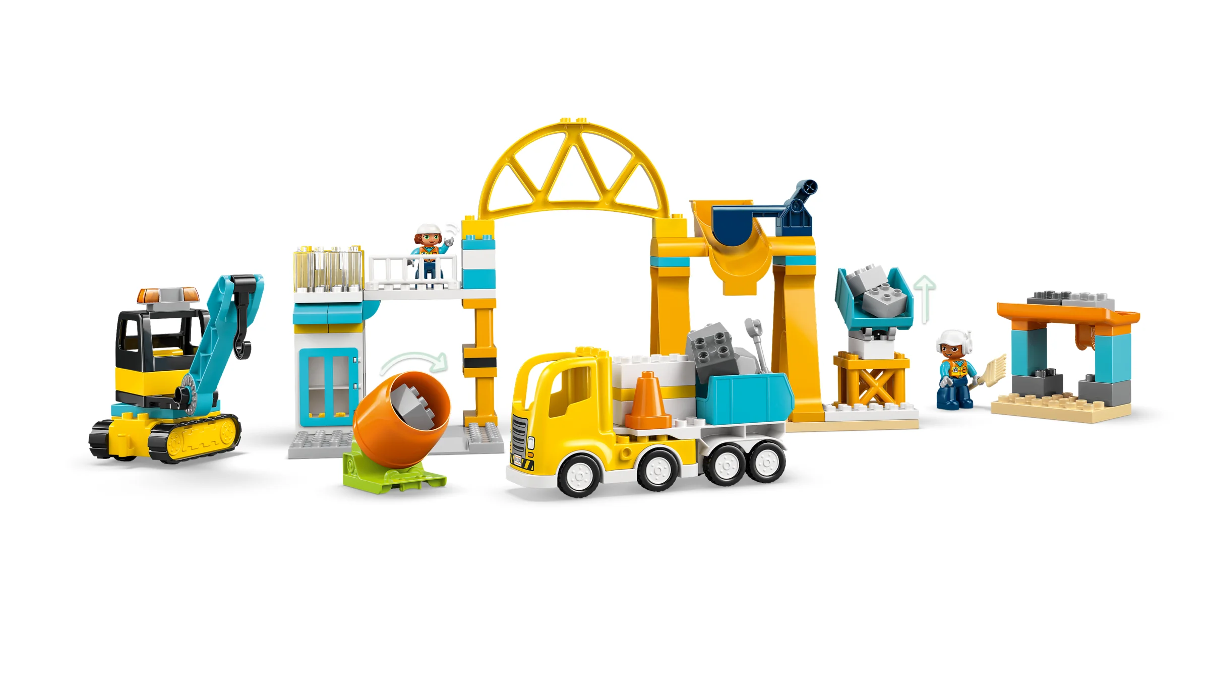 Imagine cu setul LEGO Duplo 10476, Șantier și Vehicule 3 în 1, prezentând toate modelele construite.