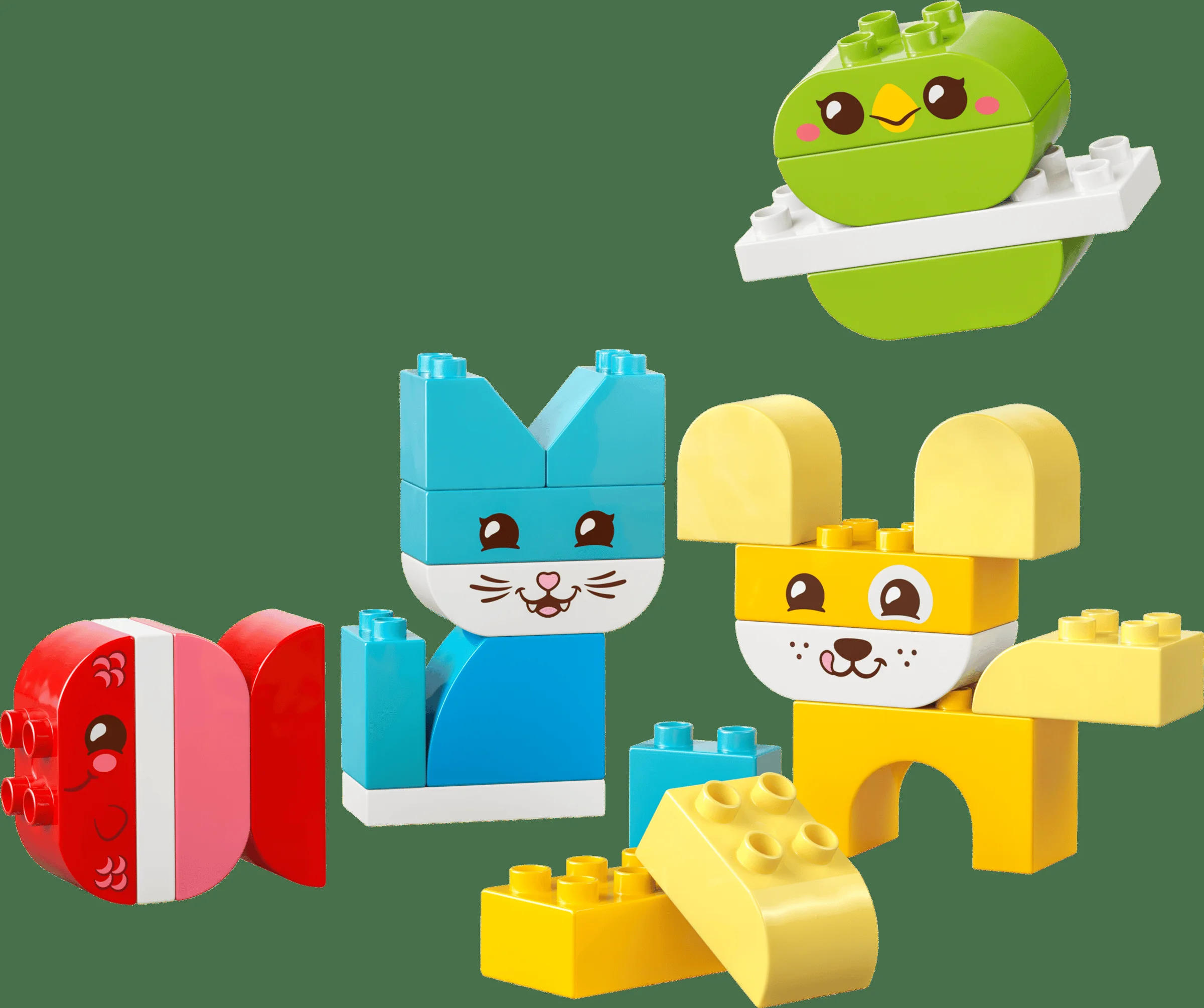 Imagine cu modelele Duplo Creative Cute Pets: pește, pisică, câine și pasăre adorabile.