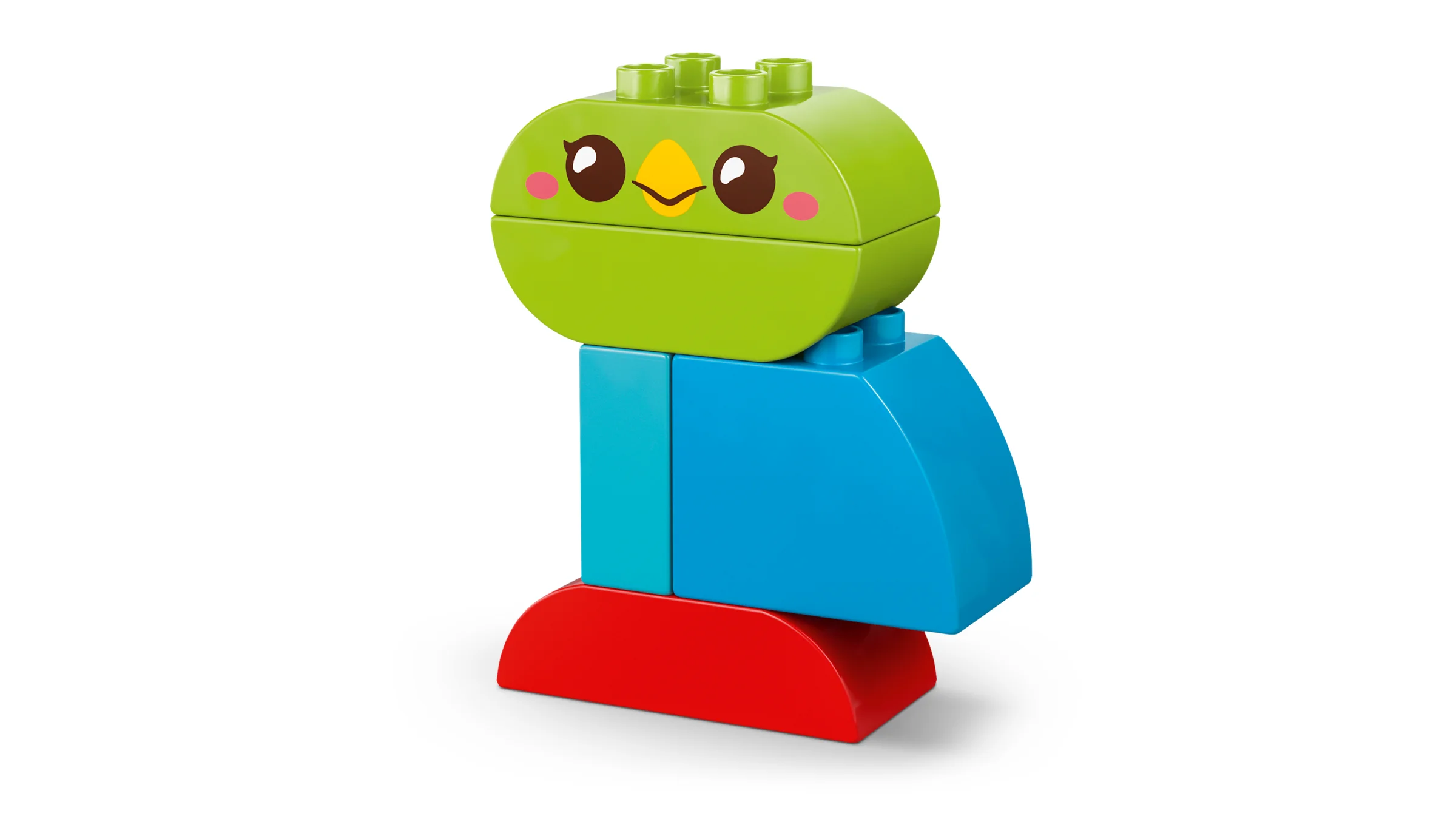 Pasăre Duplo drăguță, construită din cărămizi mari și colorate. Design simplu, ideal pentru copii mici.