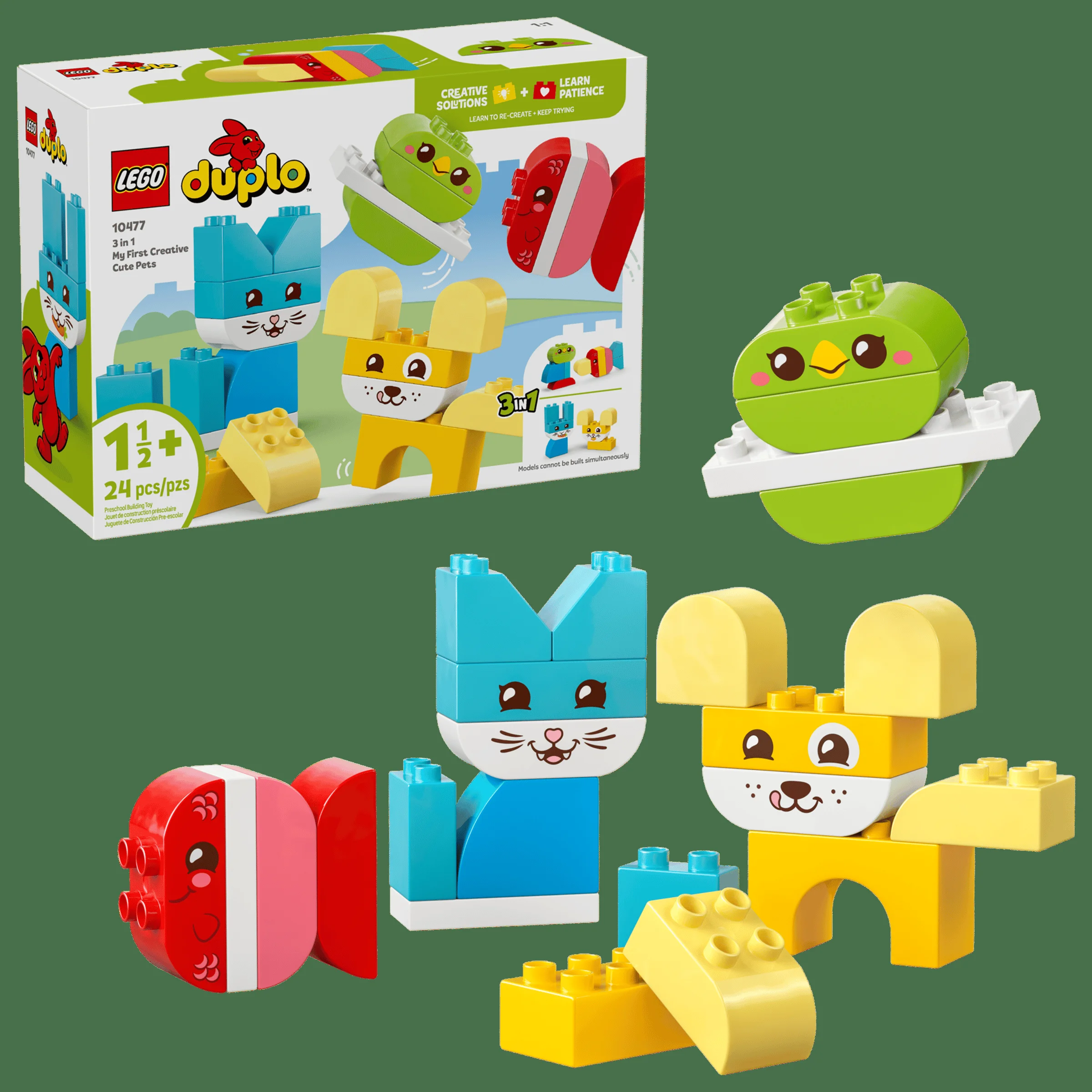 Imagine cu setul LEGO Duplo 10477, „Animale drăguțe creative”, prezentând cutia și modelele construite.