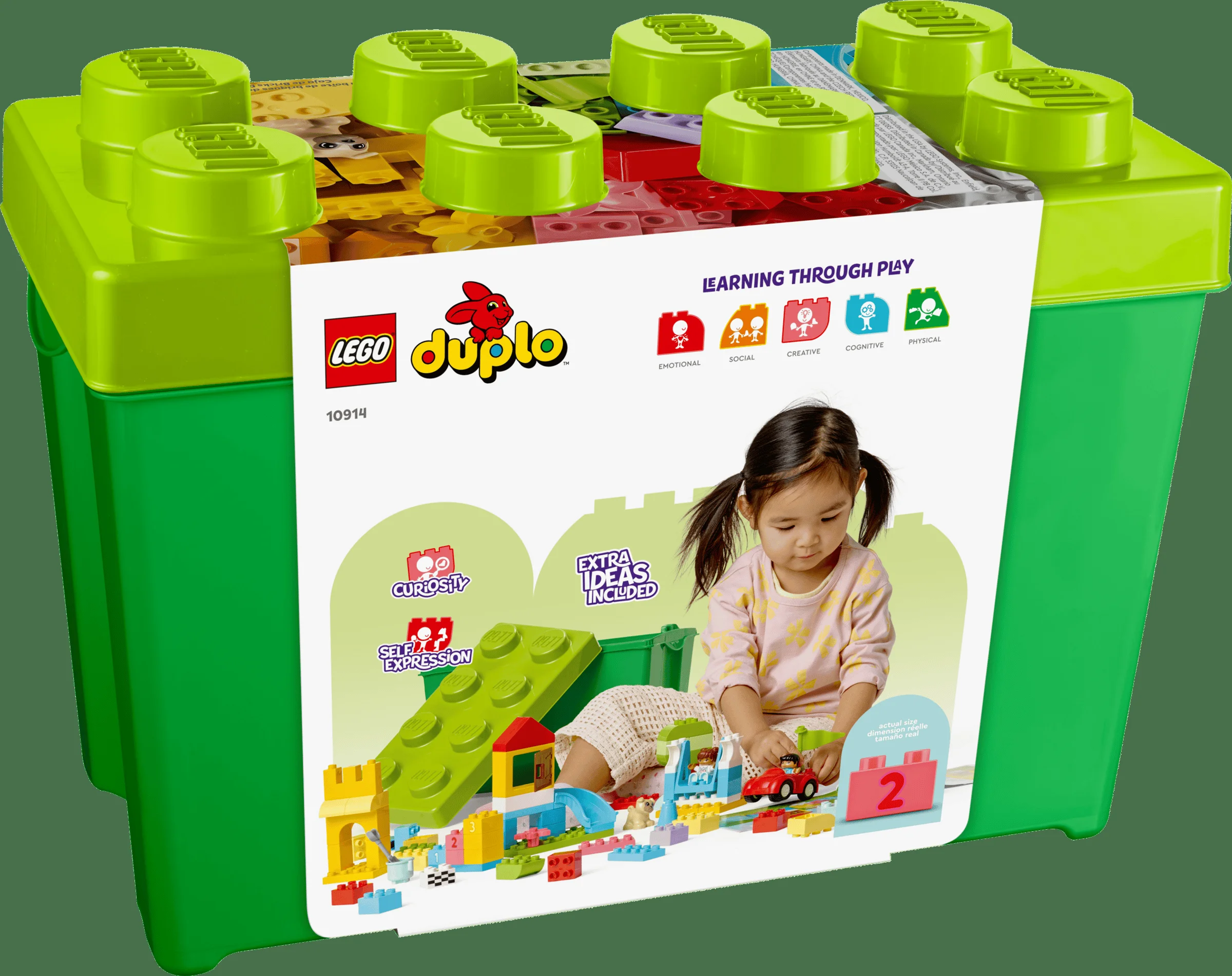 Imagine cu cutia mare de cărămizi LEGO Duplo 10914 și o fetiță care se joacă cu piesele.
