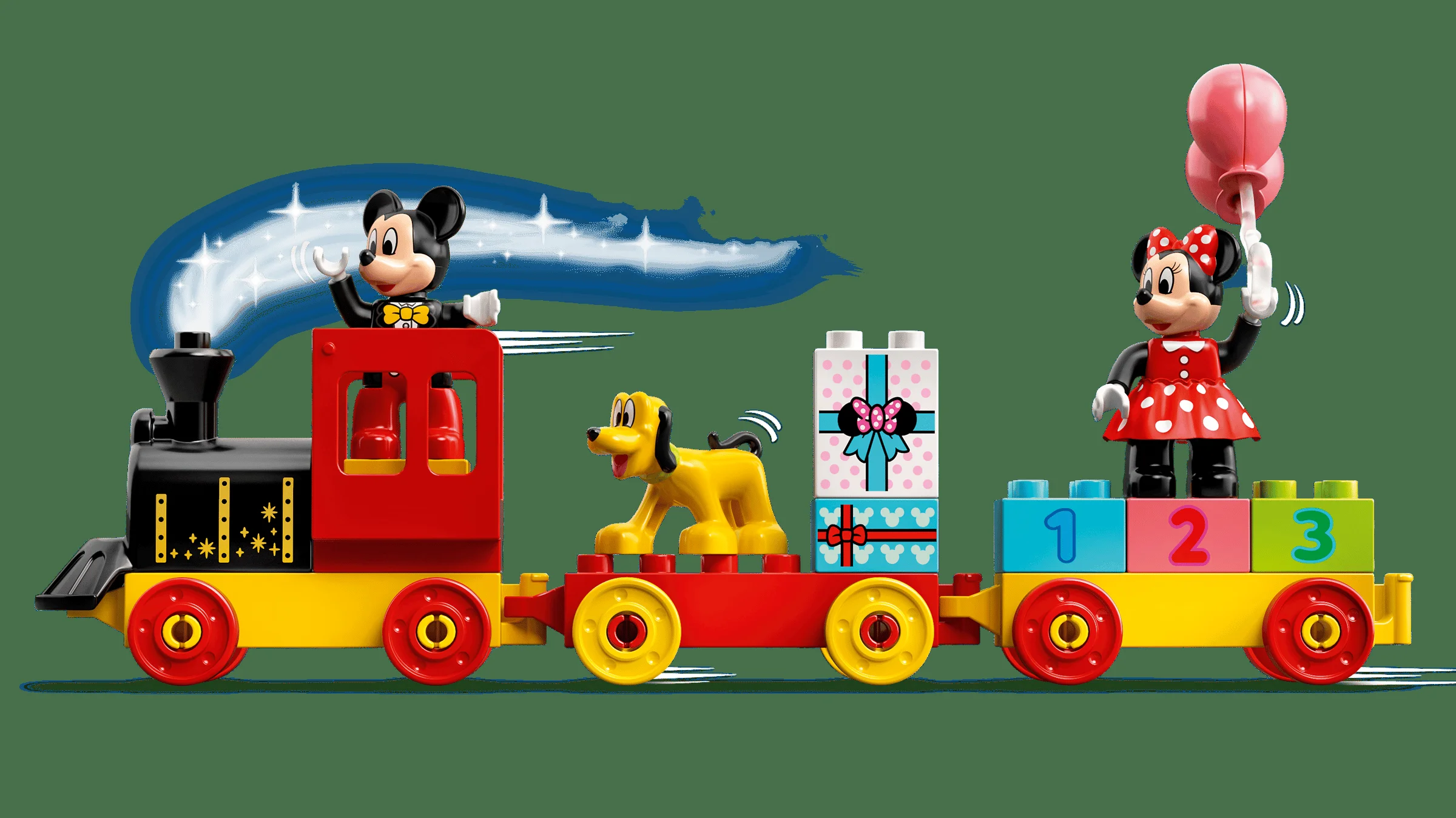 Trenulețul aniversar Mickey și Minnie Duplo, cu figurine și cadou. Ideal pentru petreceri!