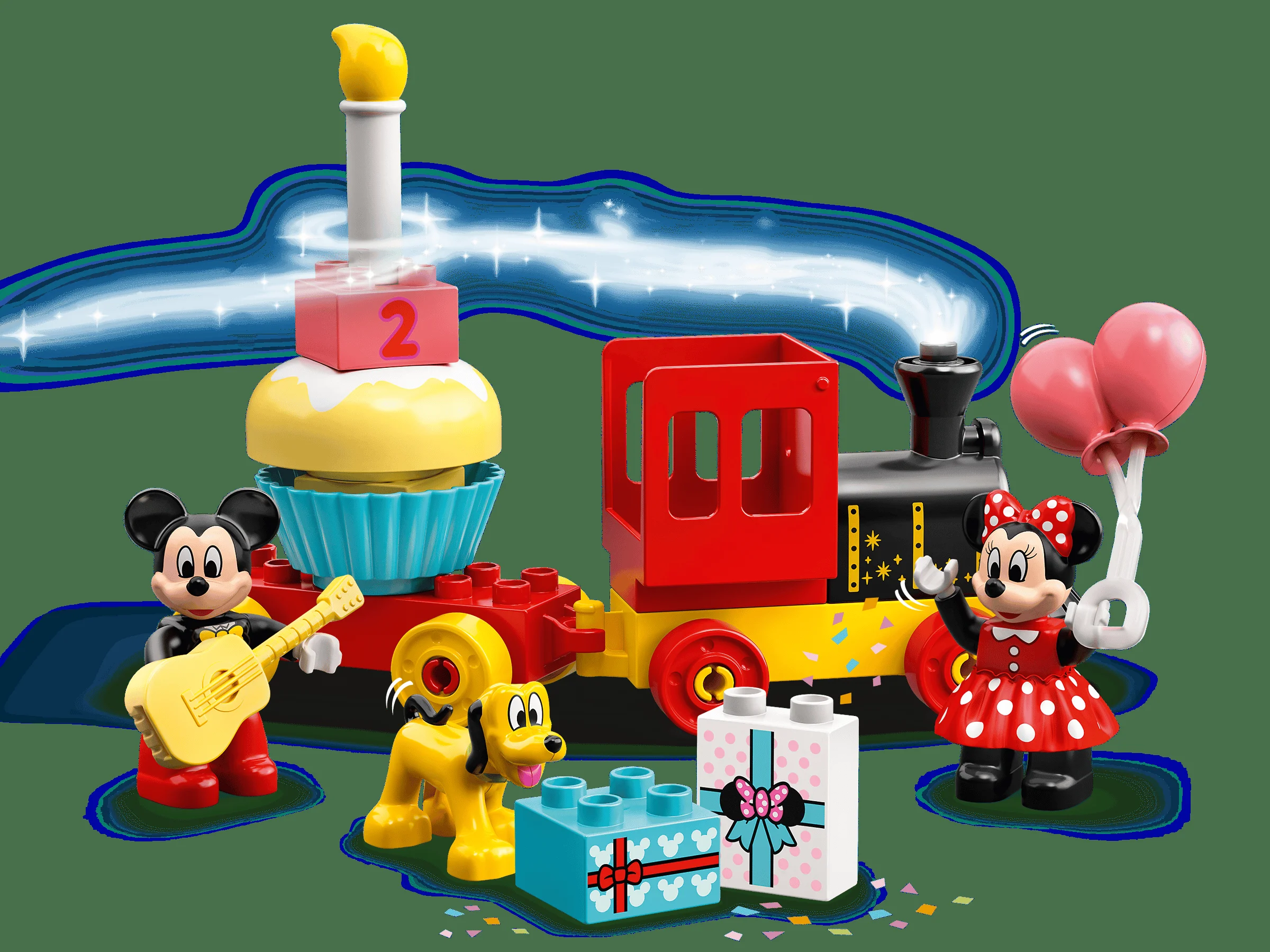 Trenulețul aniversar Mickey și Minnie. Tort, cadouri și personaje simpatice Duplo.
