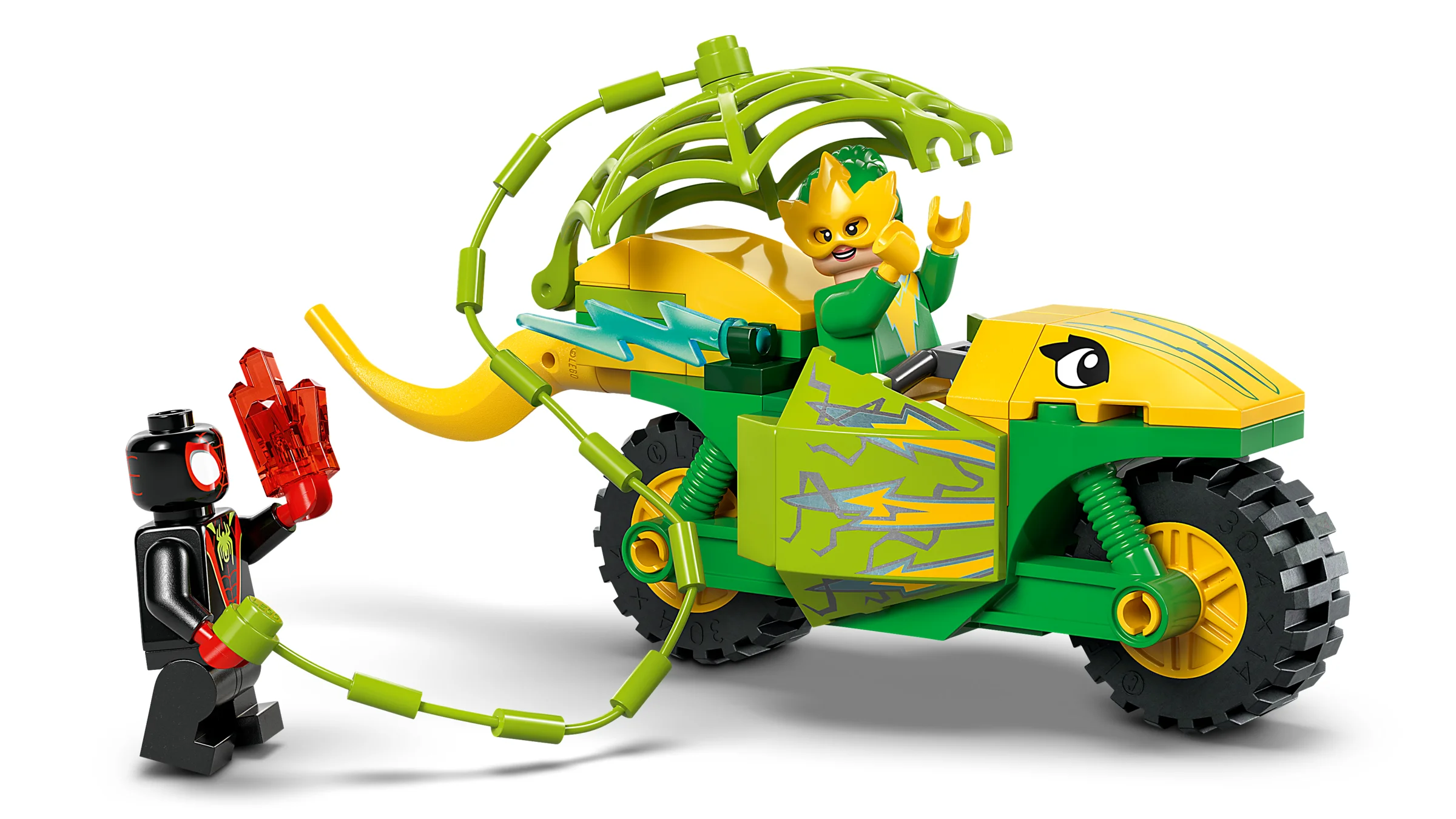 Motocicleta dinozaur cu Electro și Miles Morales. Acțiune și aventură LEGO® Marvel.