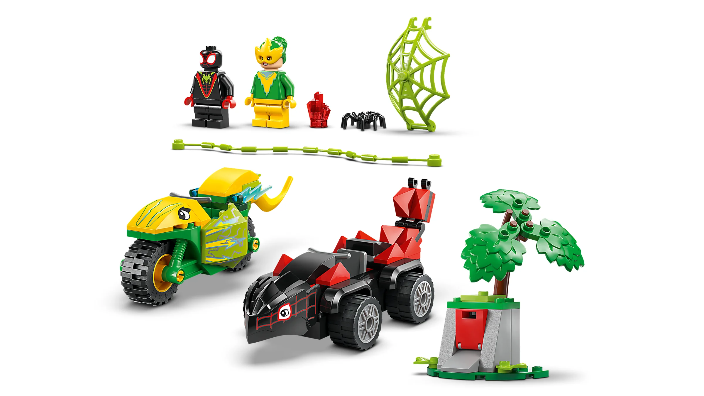Imagine cu setul LEGO Spin and Electro Dinosaur Vehicle Chase, cu minifigurinele și vehiculele.