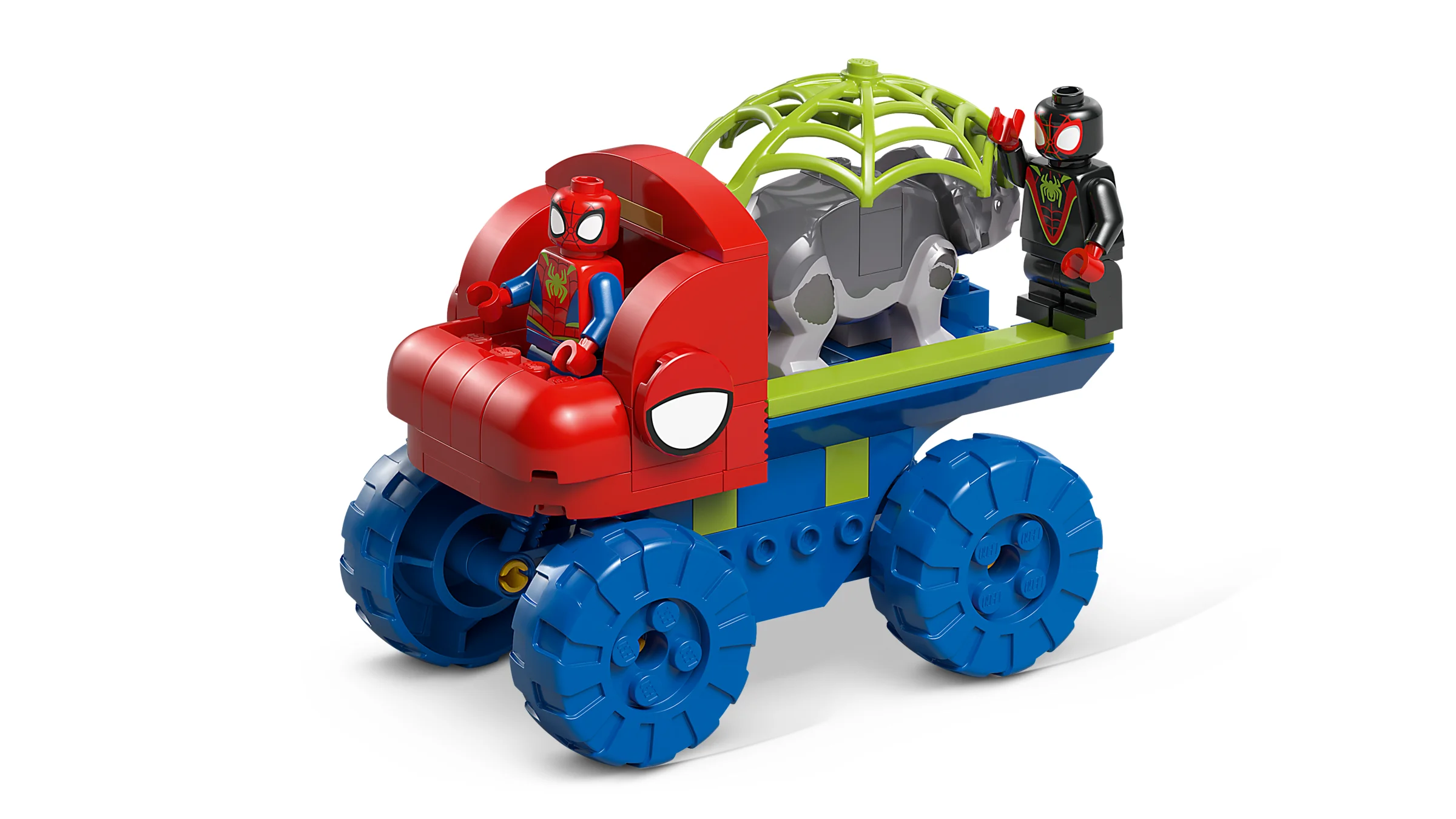 Camionul Dino Crawler de salvare al echipei Spidey, cu minifigurinele Spiderman și Miles Morales.