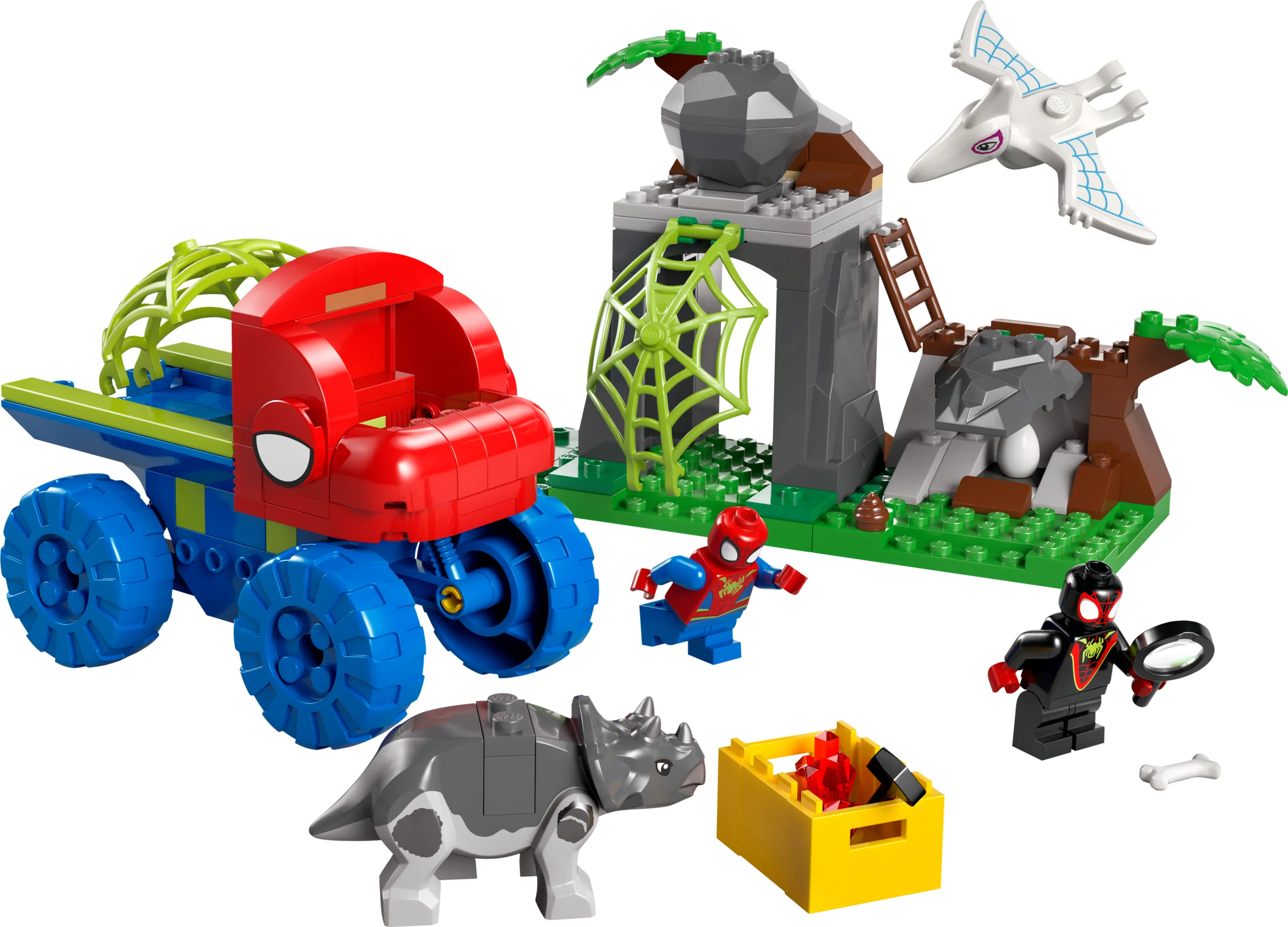 Imagine cu setul LEGO 11199 Team Spidey Dino Crawler Rescue, cu vehiculul, peștera și minifigurinele Spidey și Miles.