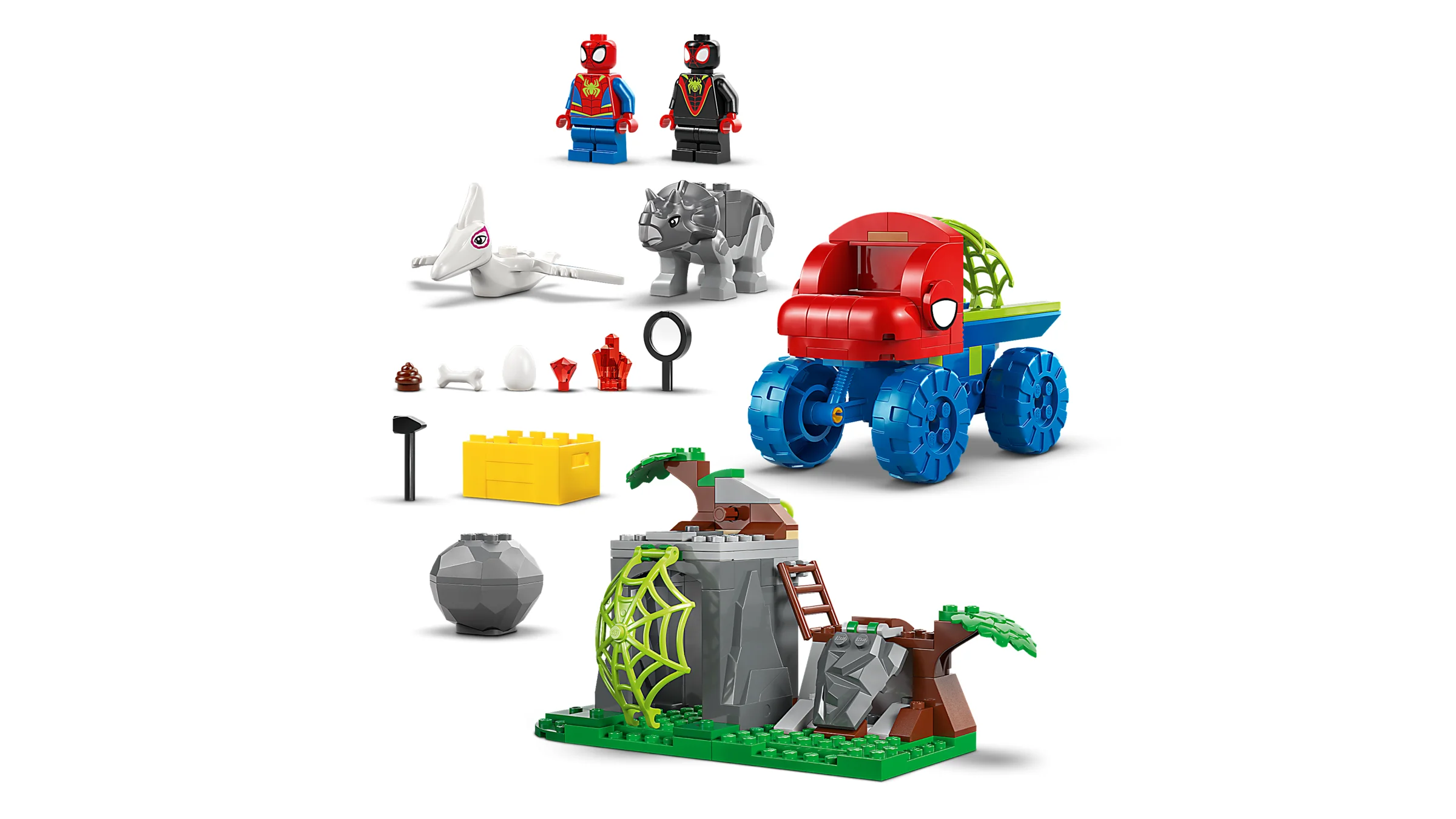 Imagine cu toate componentele setului LEGO 11199 Team Spidey Dino Crawler Rescue: minifigurine, vehicul, dinozauri.