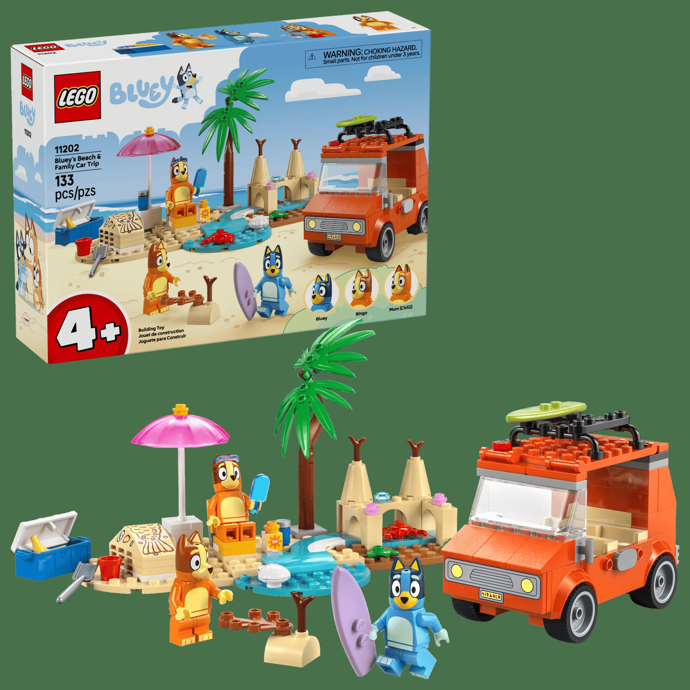 Imagine cu setul LEGO Bluey 11202, plajă și mașină de familie. Setul include minifigurine și accesorii de plajă.