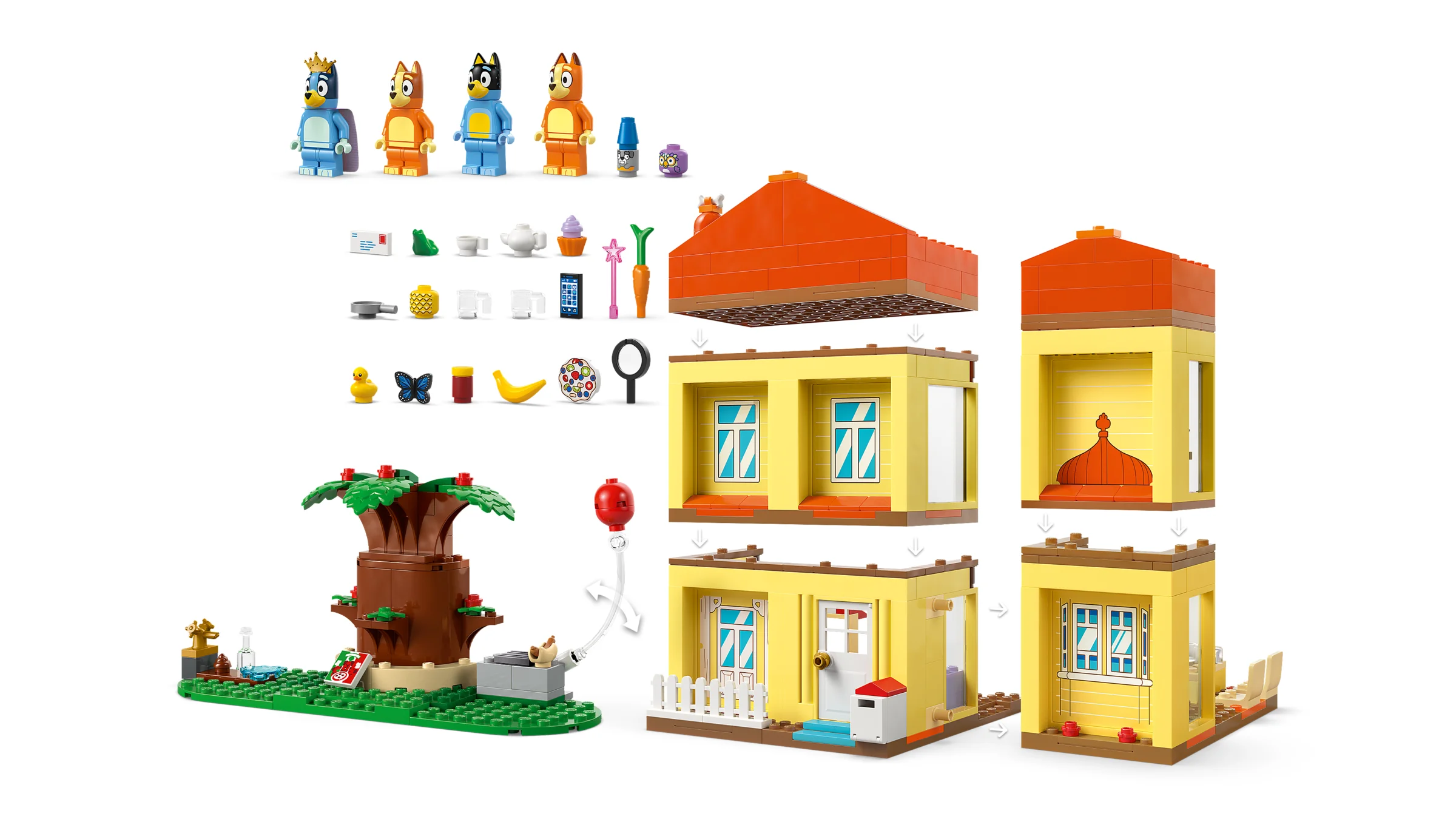 Setul LEGO Bluey, cu figurinele și casa familiei, prezentate într-o imagine detaliată.