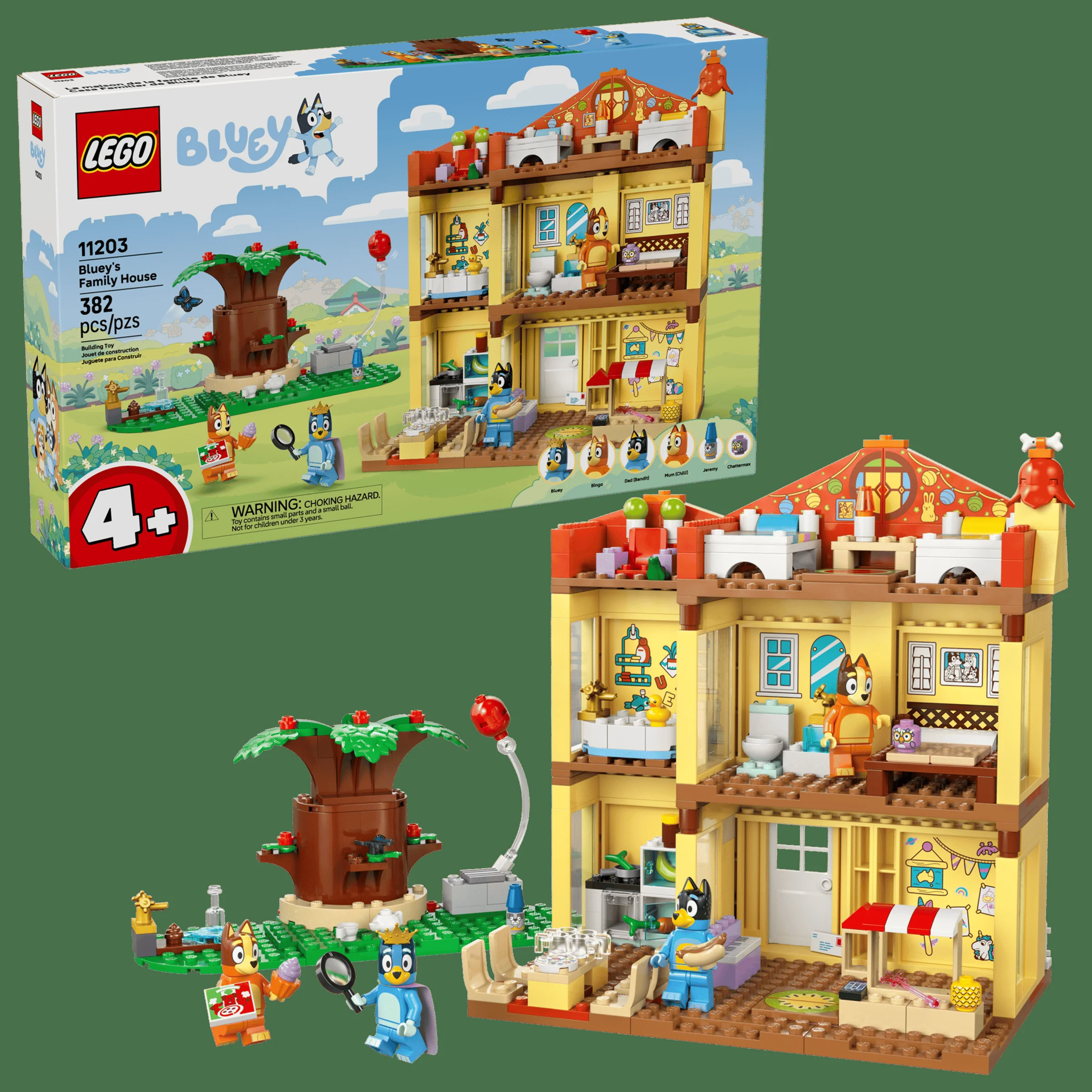 Imagine cu setul LEGO Bluey's Family House, cu casa, personajele și cutia.