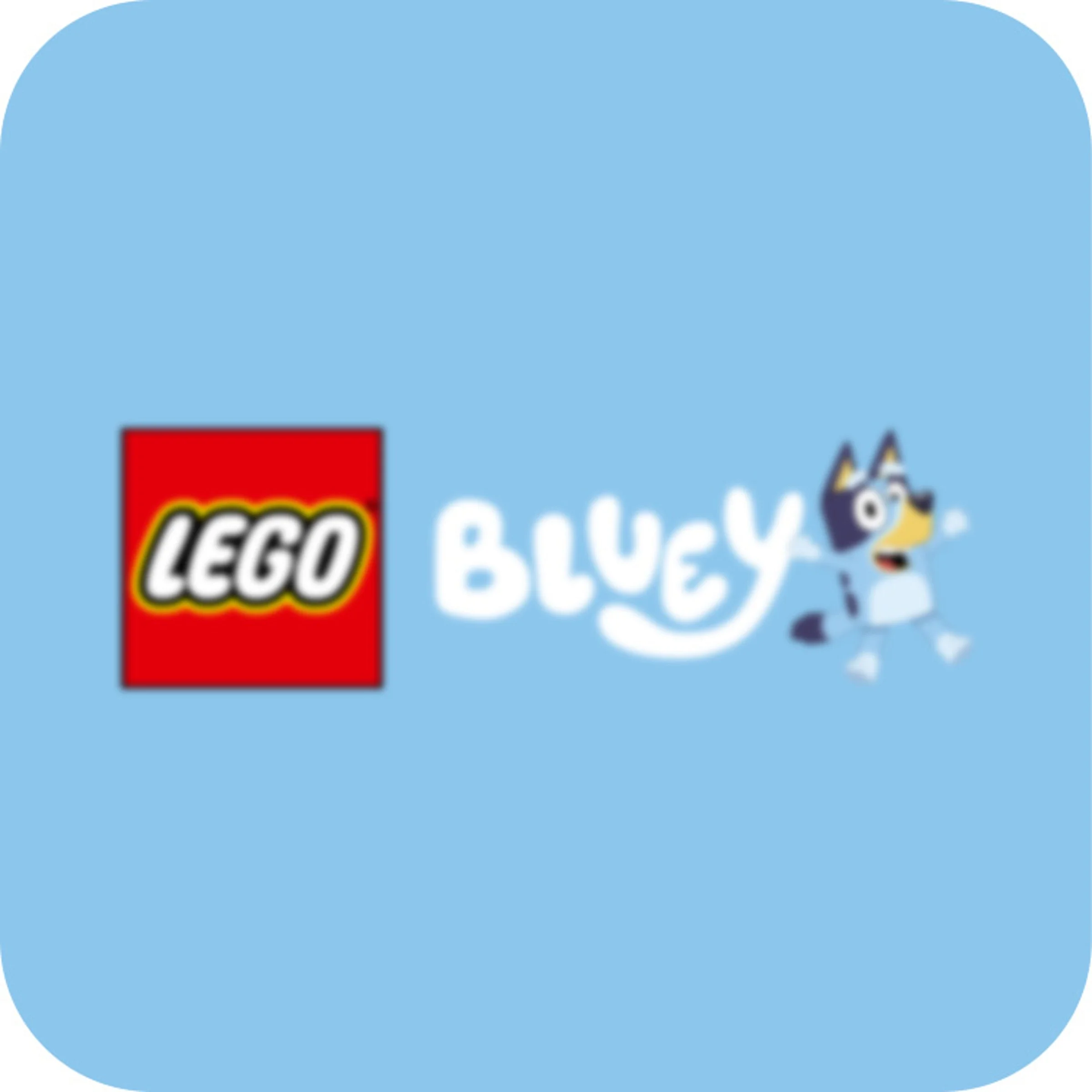 Sigla LEGO Bluey, fundal albastru, imagine neclară.