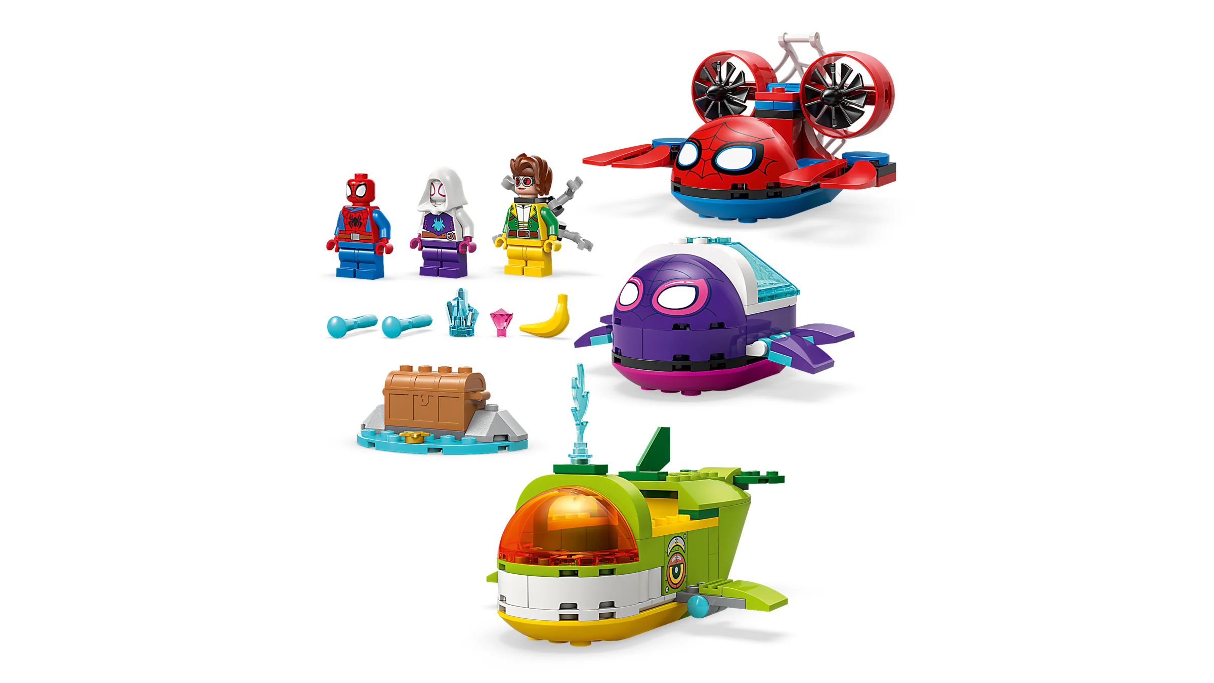 Setul LEGO Spidey cu vehicule subacvatice include minifigurine și submarine colorate.