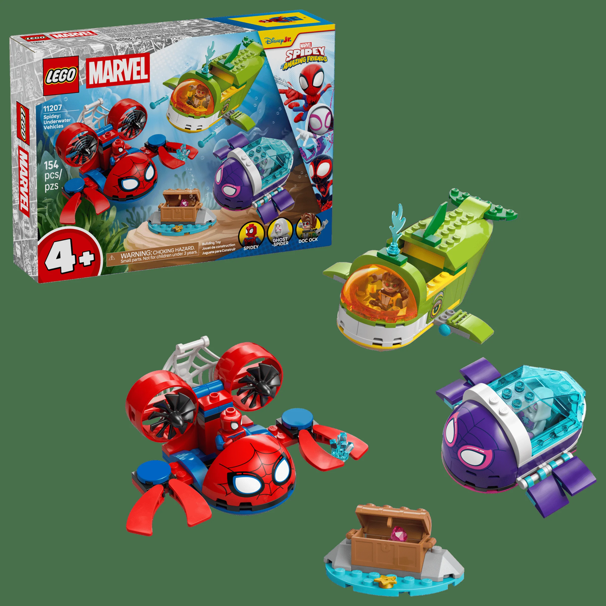 Imagine cu setul LEGO 11207 Spidey: Vehicule Subacvatice, incluzând cutia și modelele construite.
