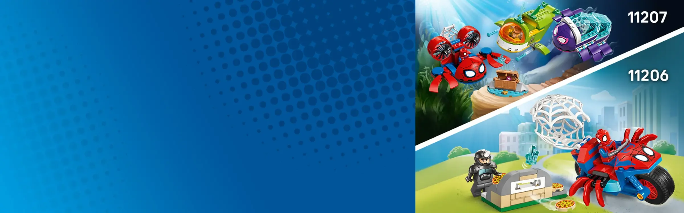 Imagine cu diverse seturi LEGO Marvel Super Heroes, inclusiv submarinul Spidey.