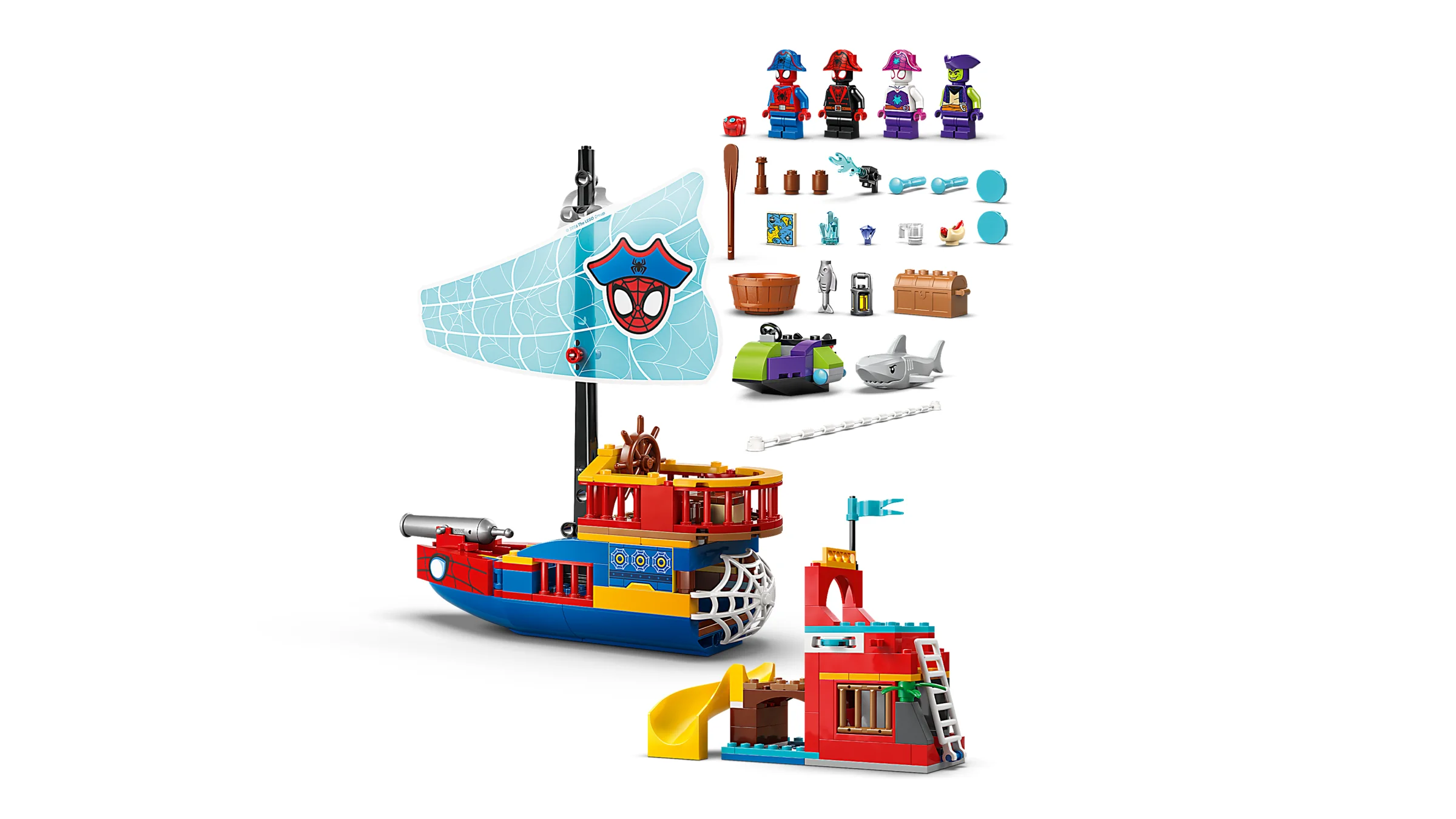 Imagine cu setul LEGO 11208 Echipa Spidey pe corabie pirat, detaliind minifigurinele și accesoriile.