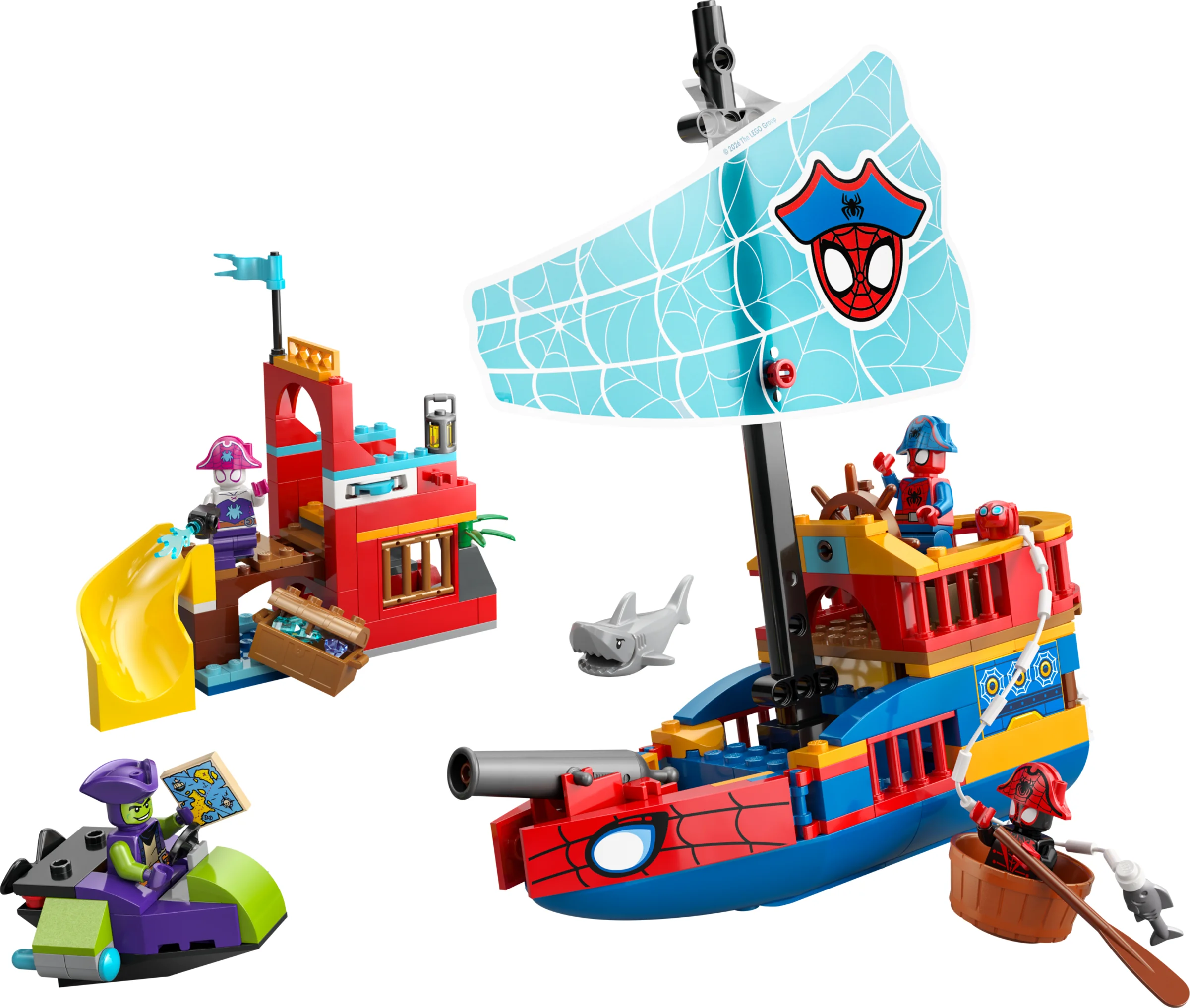 Setul LEGO 11208 Team Spidey Pirate Ship include o corabie, o insulă și minifigurine. Aventuri cu pirați!