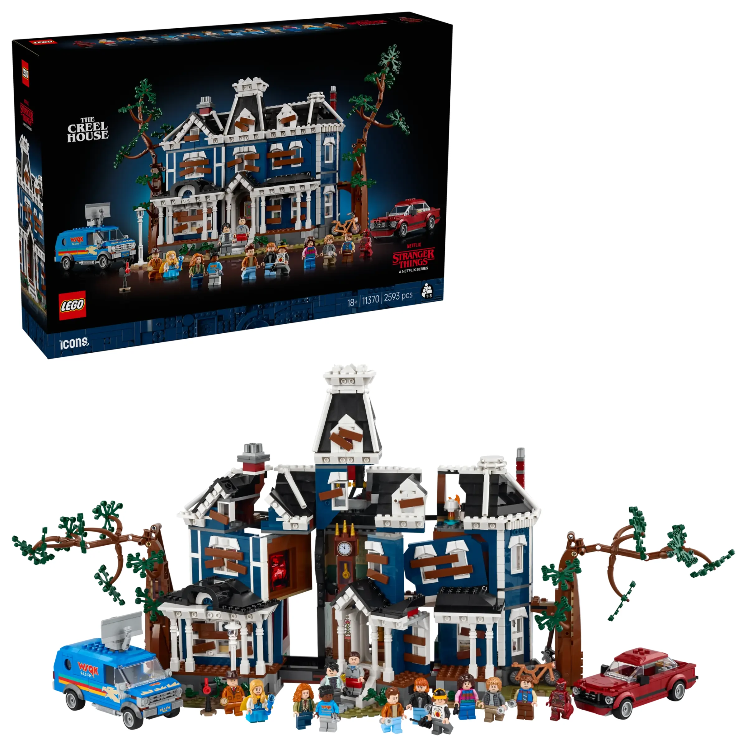 Imagine cu setul LEGO 11370 Stranger Things: Casa Creel și cutia. Aspect detaliat și minifigurine.