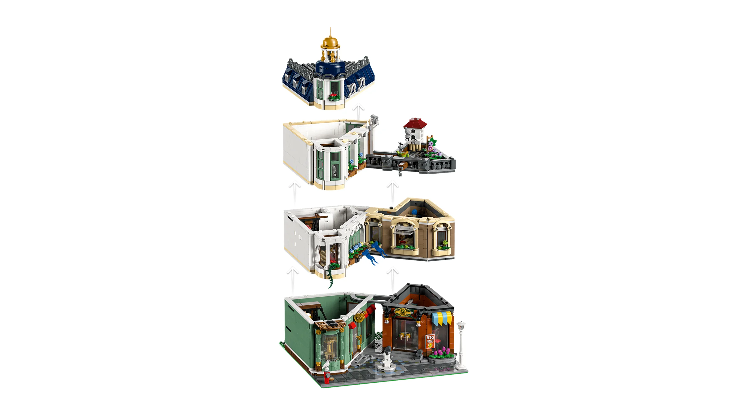 Explozie detaliată a clădirii LEGO Shopping Street, arătând structura modulară. Îmbinare ușoară, distracție maximă!