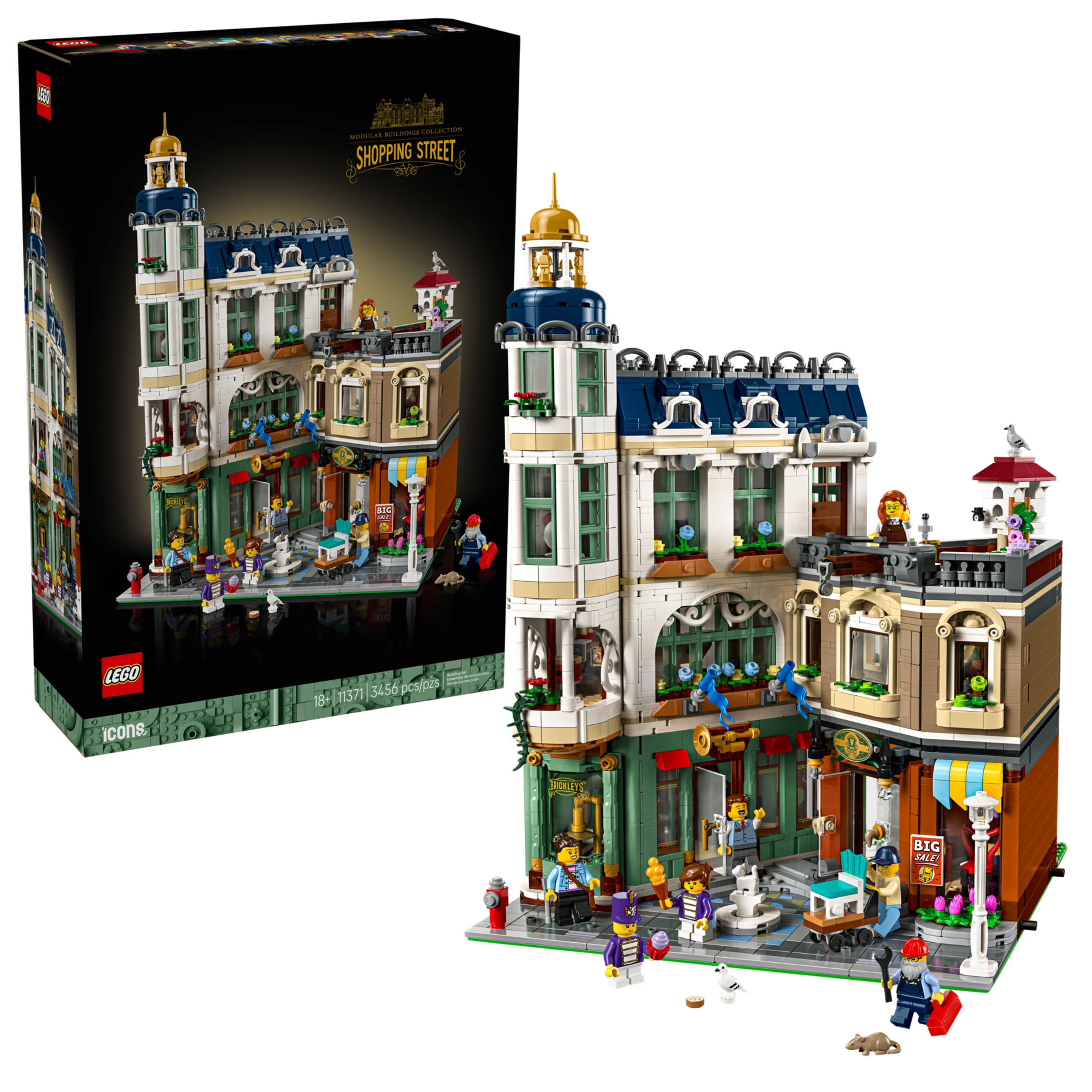 Imagine cu setul LEGO 11371 Shopping Street, incluzând clădirea și cutia. Detalii arhitecturale și minifigurine vizibile.